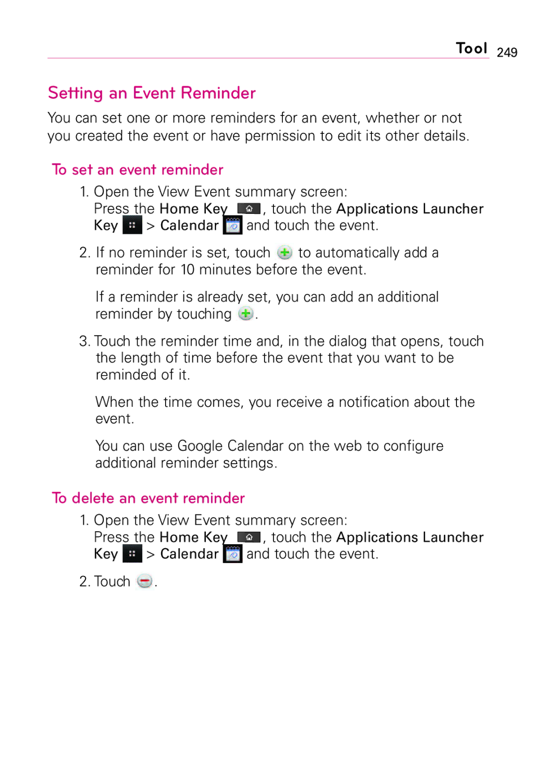 LG Electronics Vortex, MFL67011201(1.0)G Setting an Event Reminder, To set an event reminder, To delete an event reminder 