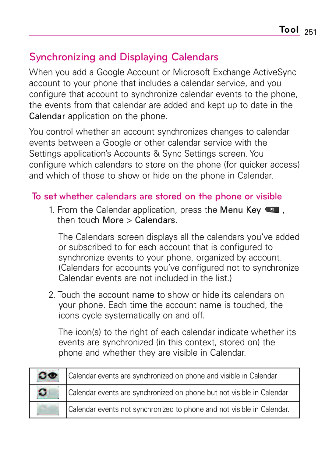 LG Electronics Vortex Synchronizing and Displaying Calendars, To set whether calendars are stored on the phone or visible 