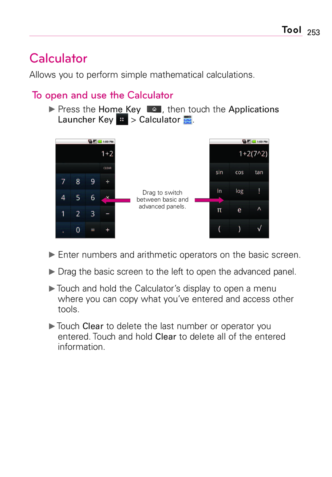 LG Electronics Vortex manual To open and use the Calculator, Allows you to perform simple mathematical calculations 