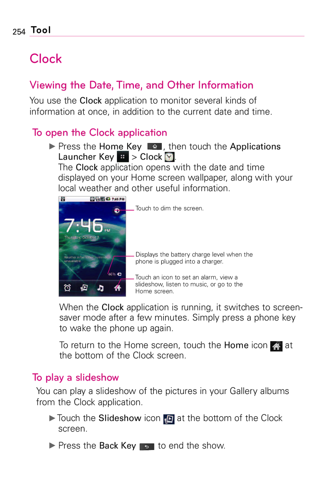 LG Electronics MFL67011201(1.0)G, Vortex Viewing the Date, Time, and Other Information, To open the Clock application 