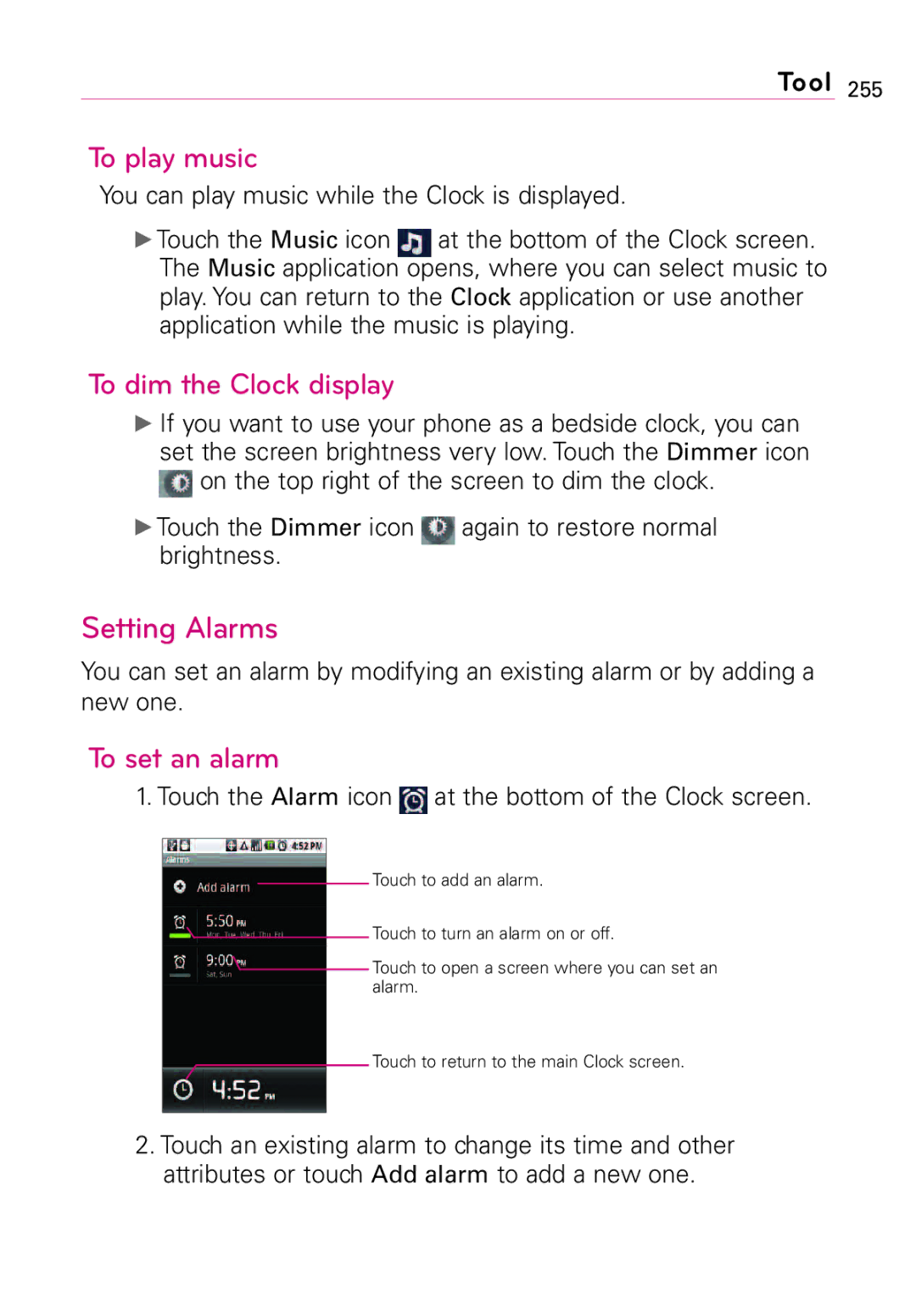 LG Electronics Vortex, MFL67011201(1.0)G manual To dim the Clock display, Setting Alarms, To set an alarm 