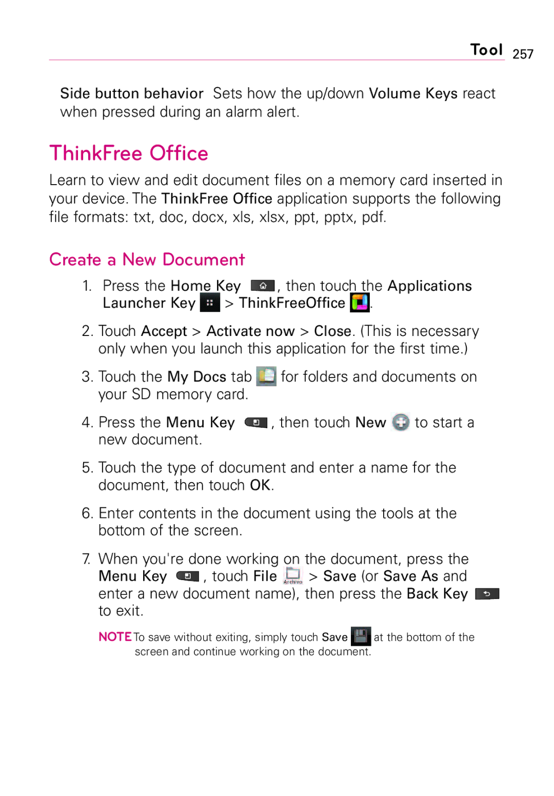 LG Electronics Vortex, MFL67011201(1.0)G manual ThinkFree Office, Create a New Document 