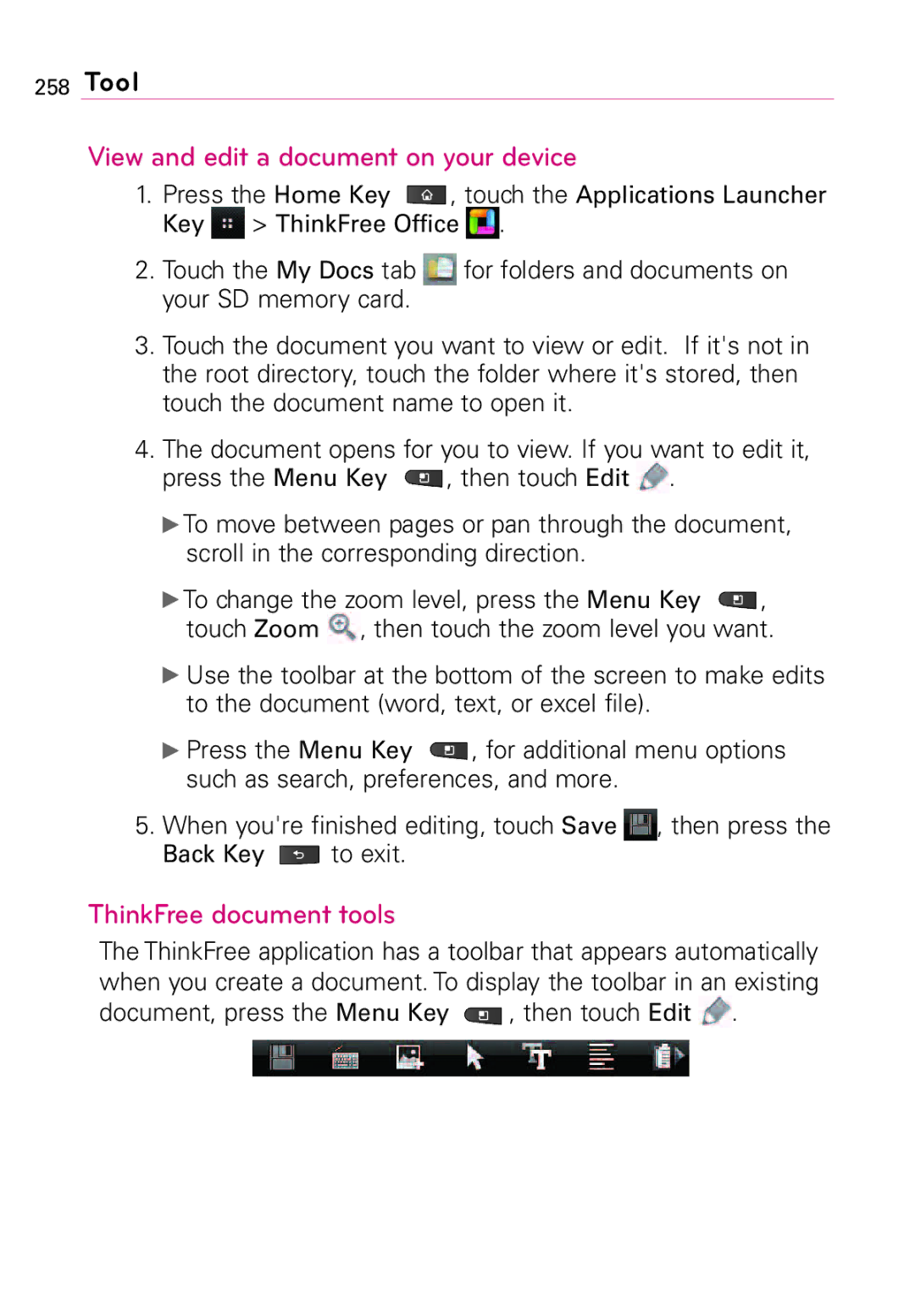 LG Electronics MFL67011201(1.0)G, Vortex manual View and edit a document on your device, ThinkFree document tools 