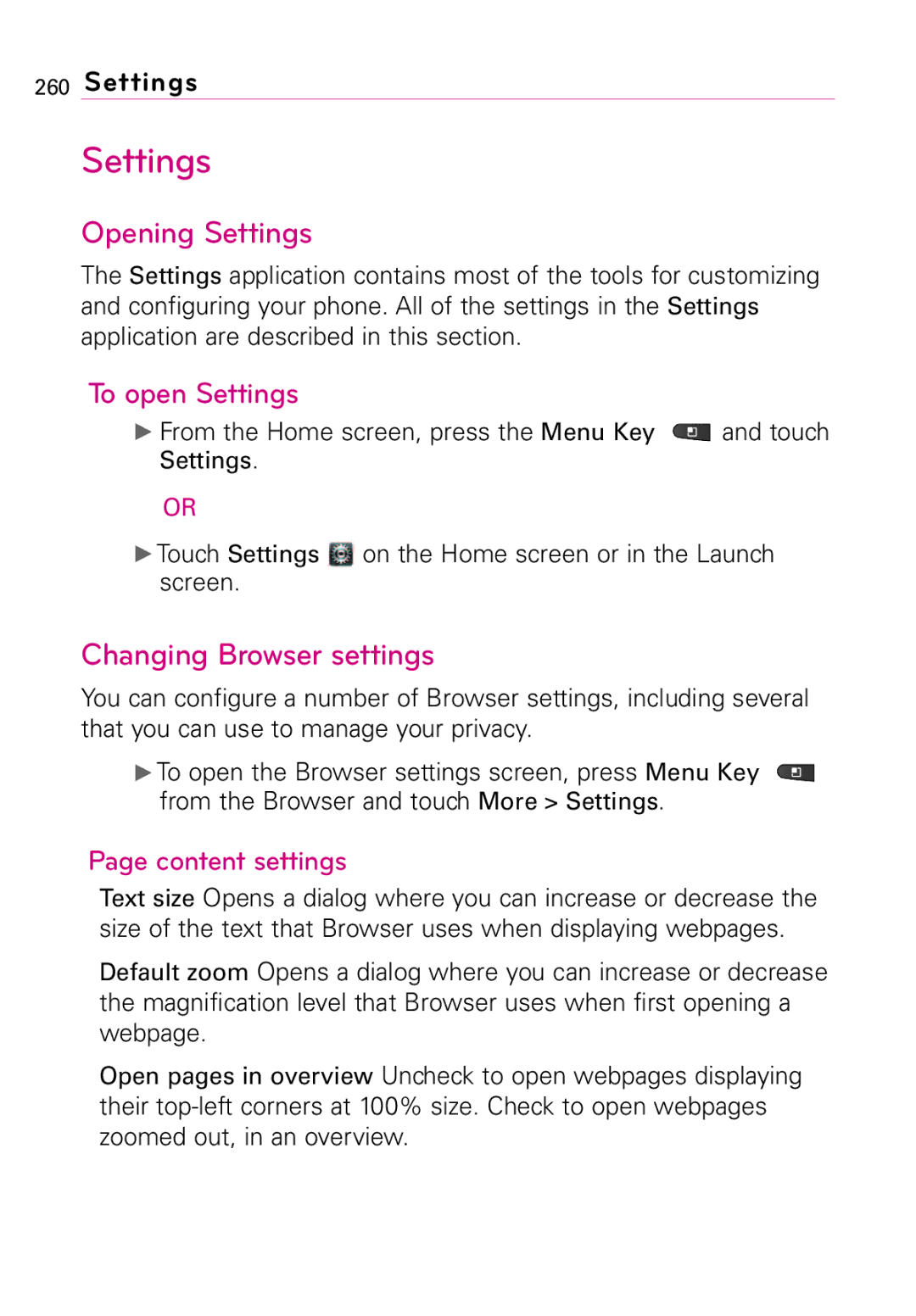 LG Electronics MFL67011201(1.0)G manual Opening Settings, To open Settings, Changing Browser settings, Content settings 