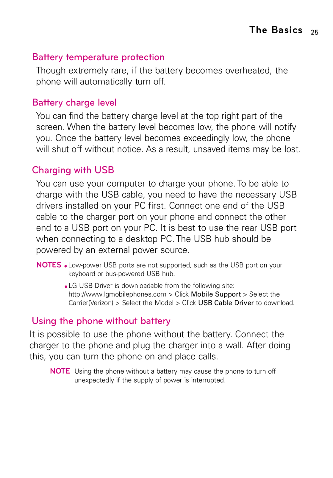 LG Electronics Vortex, MFL67011201(1.0)G manual Battery temperature protection, Battery charge level, Charging with USB 