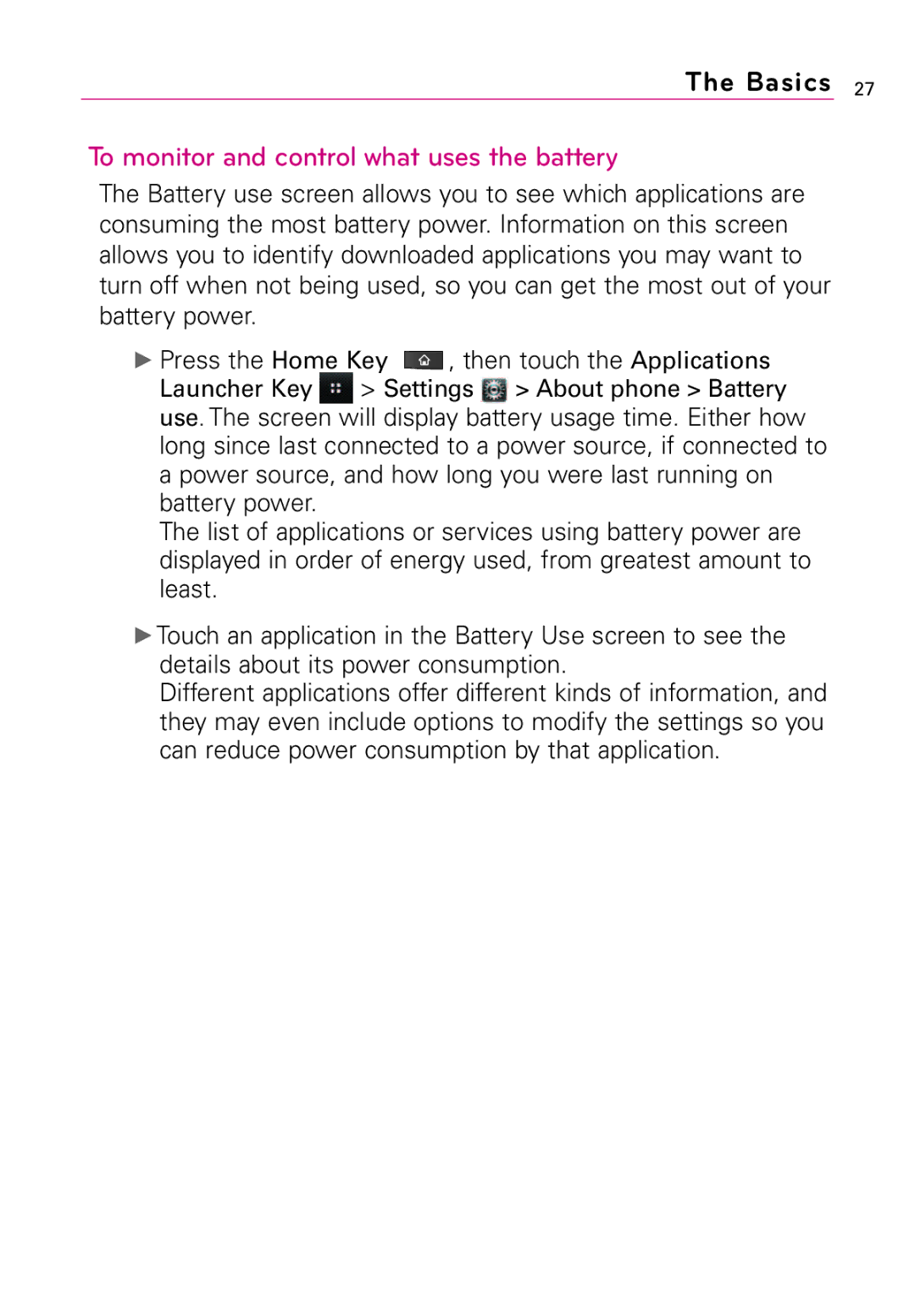 LG Electronics Vortex, MFL67011201(1.0)G manual To monitor and control what uses the battery 