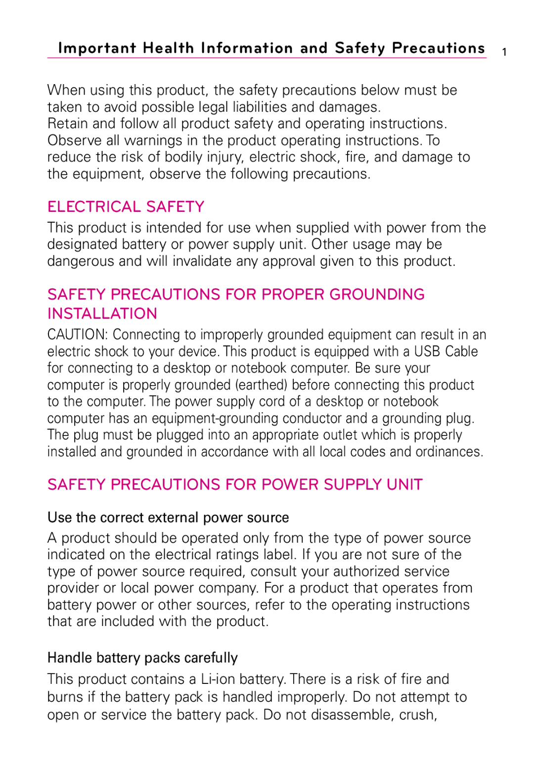 LG Electronics Vortex manual Important Health Information and Safety Precautions, Use the correct external power source 