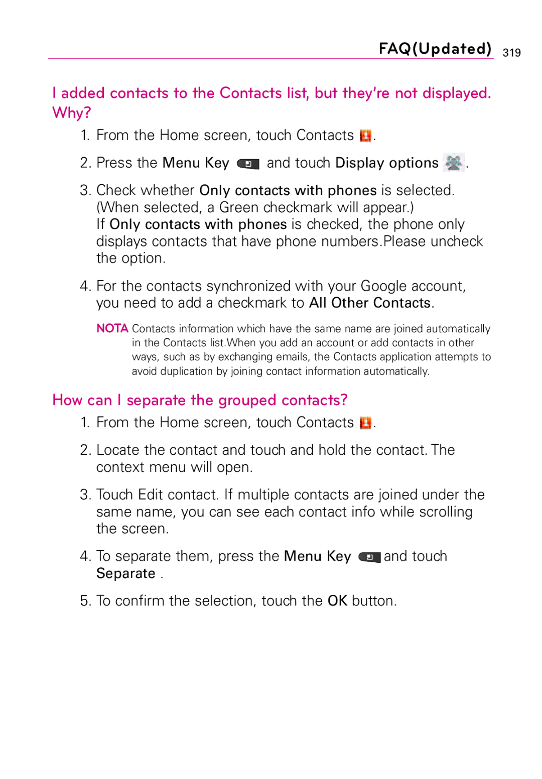 LG Electronics Vortex manual How can I separate the grouped contacts?, To confirm the selection, touch the OK button 