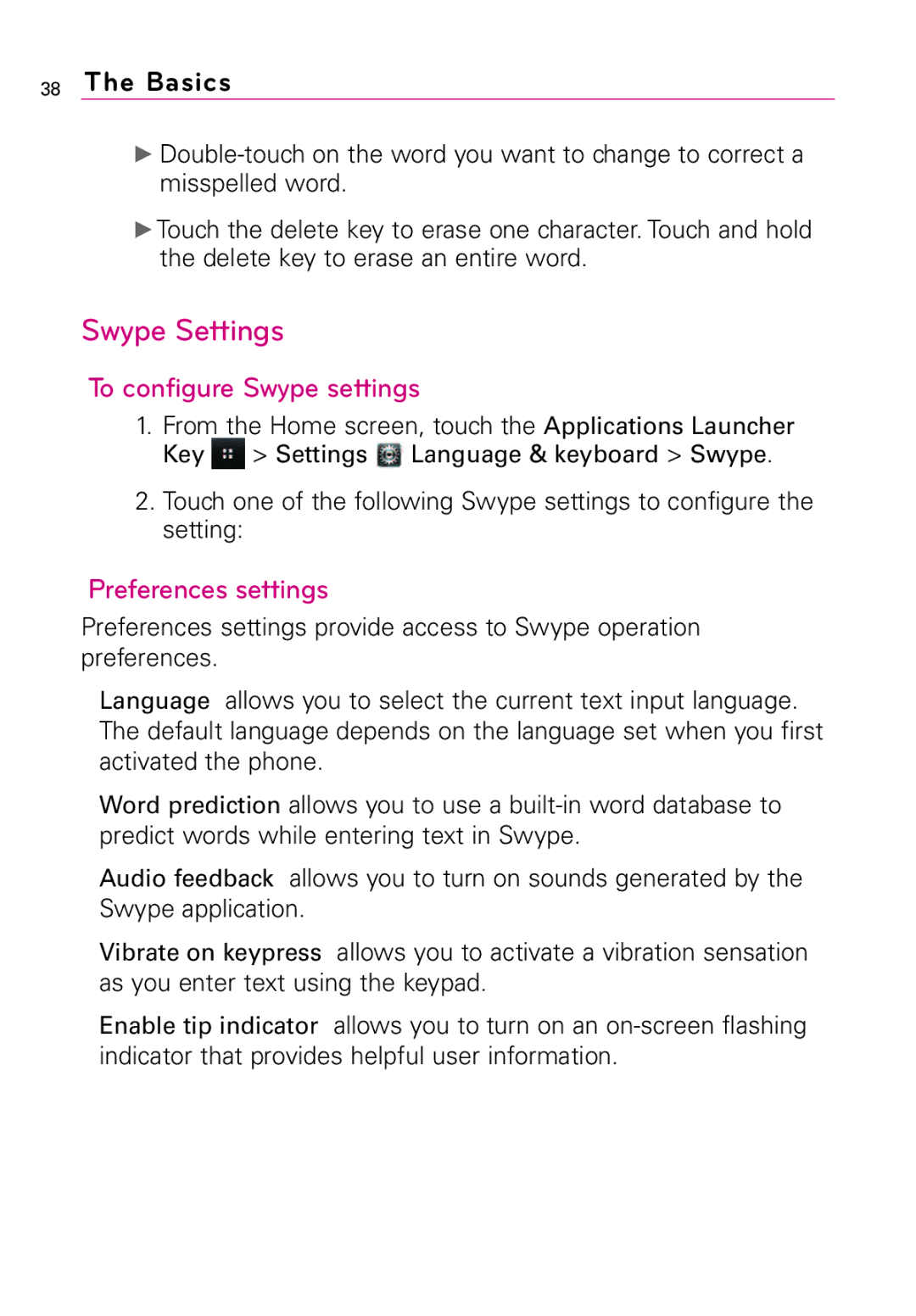 LG Electronics MFL67011201(1.0)G, Vortex manual Swype Settings, To configure Swype settings, Preferences settings 