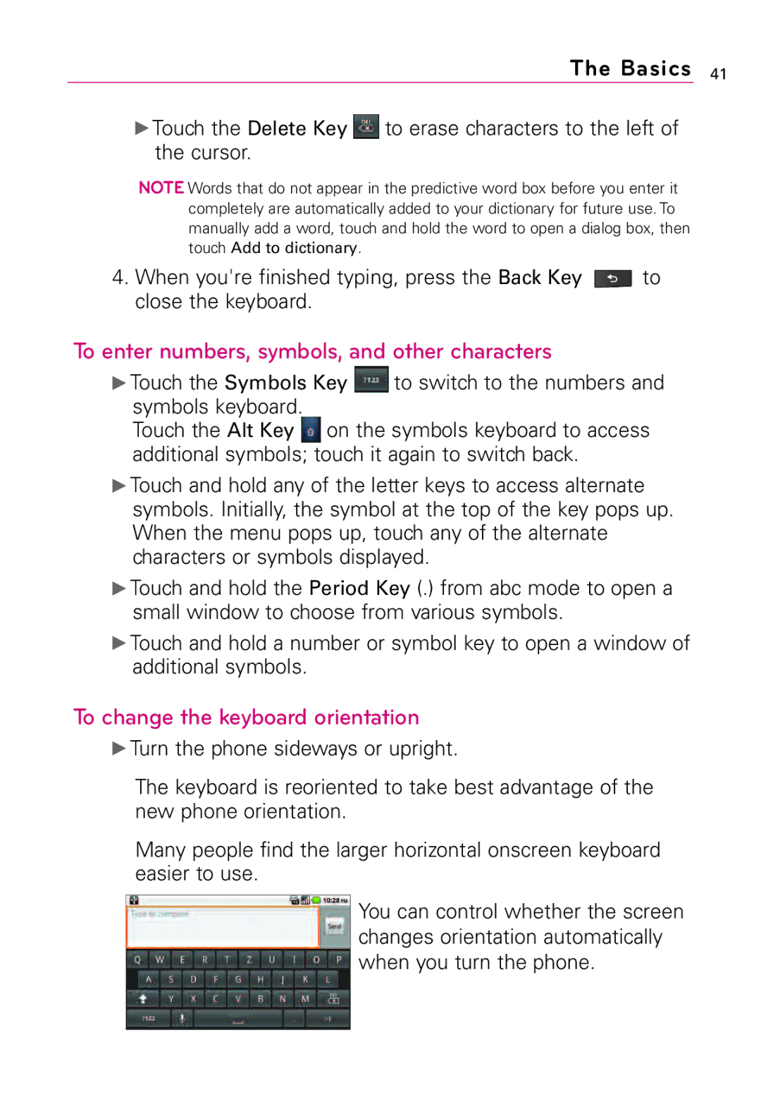 LG Electronics Vortex manual To enter numbers, symbols, and other characters, To change the keyboard orientation 