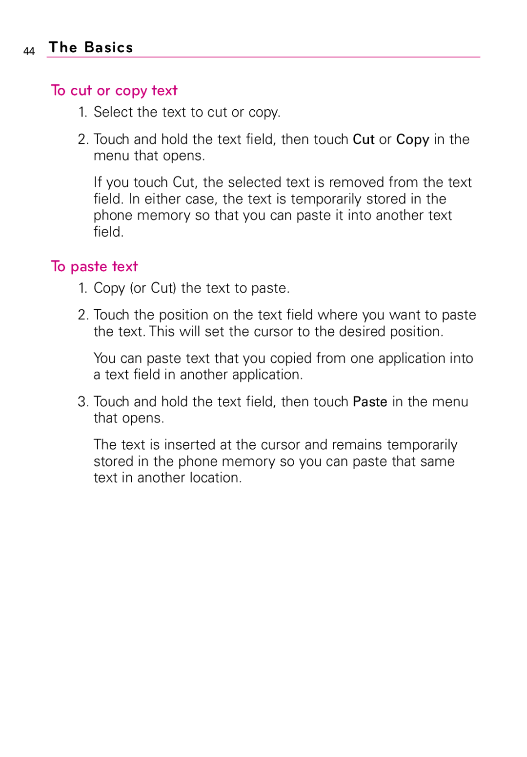 LG Electronics MFL67011201(1.0)G, Vortex manual To cut or copy text, To paste text, Copy or Cut the text to paste 