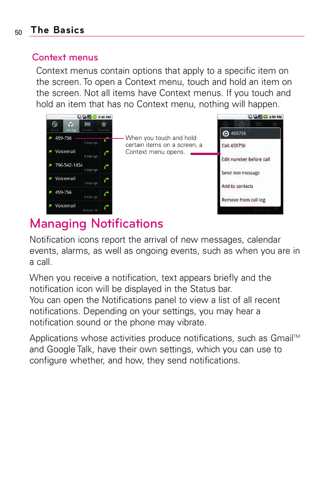 LG Electronics MFL67011201(1.0)G, Vortex manual Managing Notifications, Context menus 