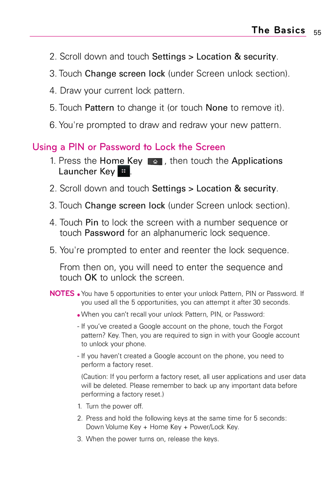 LG Electronics Vortex, MFL67011201(1.0)G manual Using a PIN or Password to Lock the Screen 