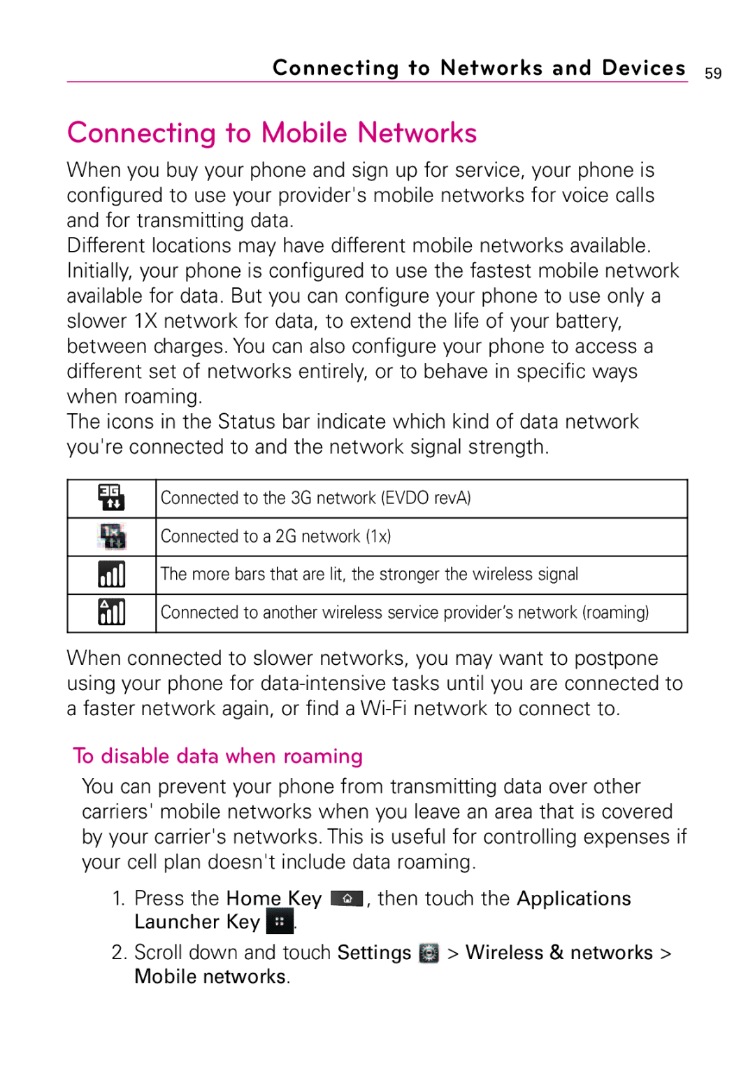 LG Electronics Vortex, MFL67011201(1.0)G manual Connecting to Mobile Networks, To disable data when roaming 