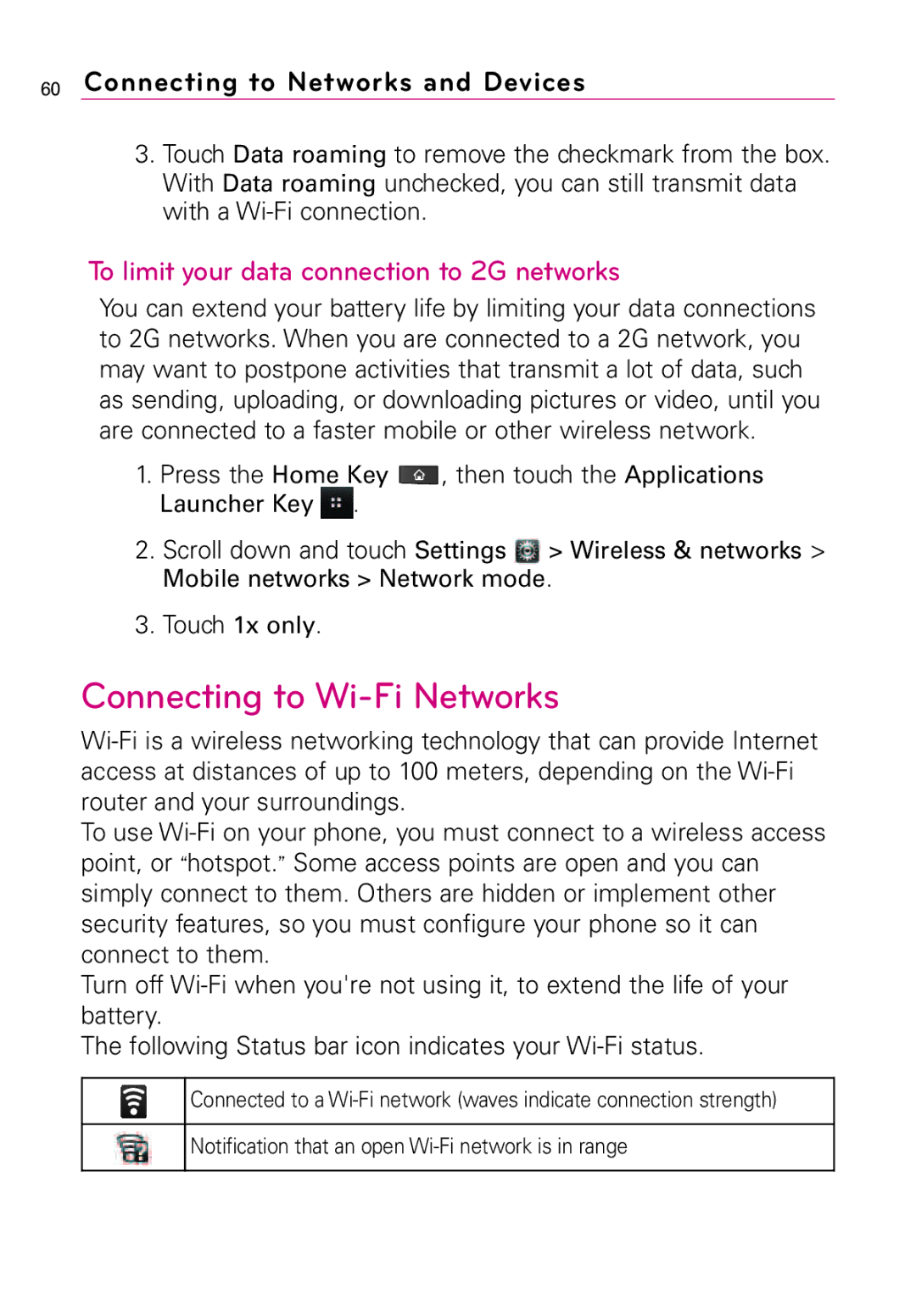 LG Electronics MFL67011201(1.0)G Connecting to Wi-Fi Networks, To limit your data connection to 2G networks, Touch 1x only 