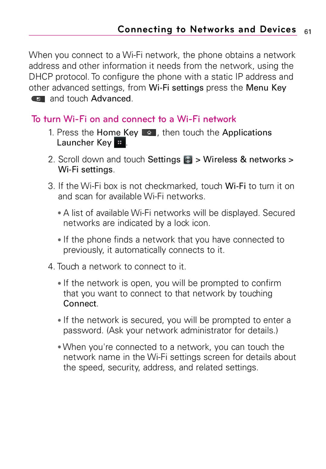 LG Electronics Vortex, MFL67011201(1.0)G manual To turn Wi-Fi on and connect to a Wi-Fi network 