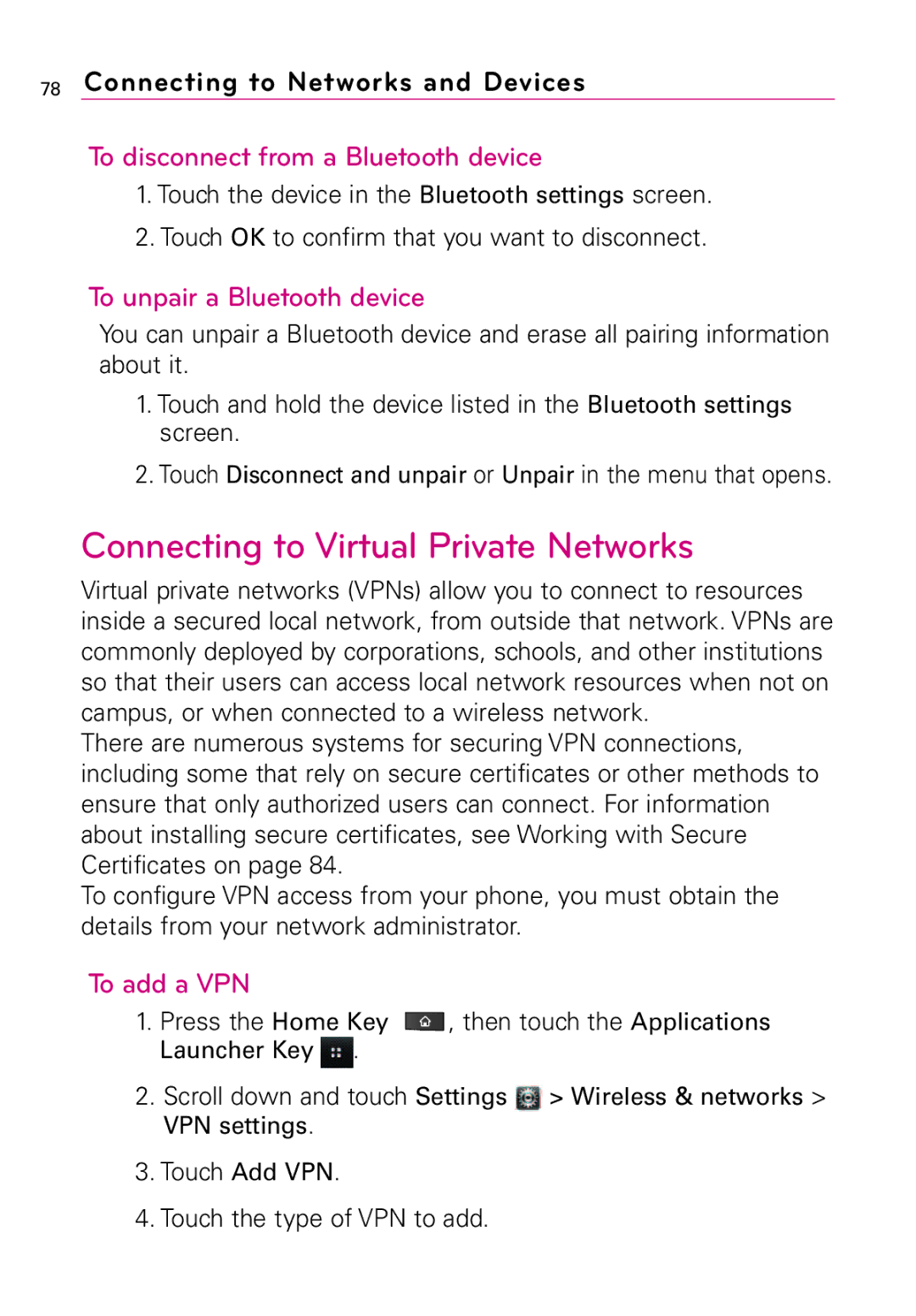 LG Electronics MFL67011201(1.0)G, Vortex Connecting to Virtual Private Networks, To disconnect from a Bluetooth device 