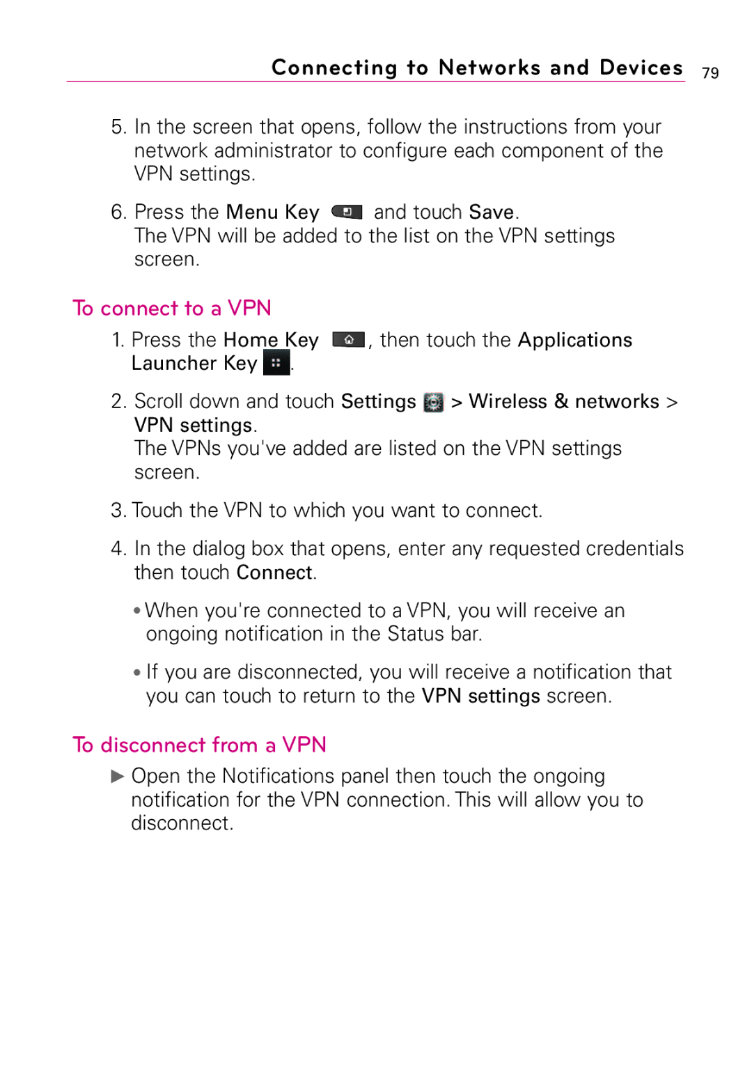 LG Electronics Vortex, MFL67011201(1.0)G manual To connect to a VPN, To disconnect from a VPN 