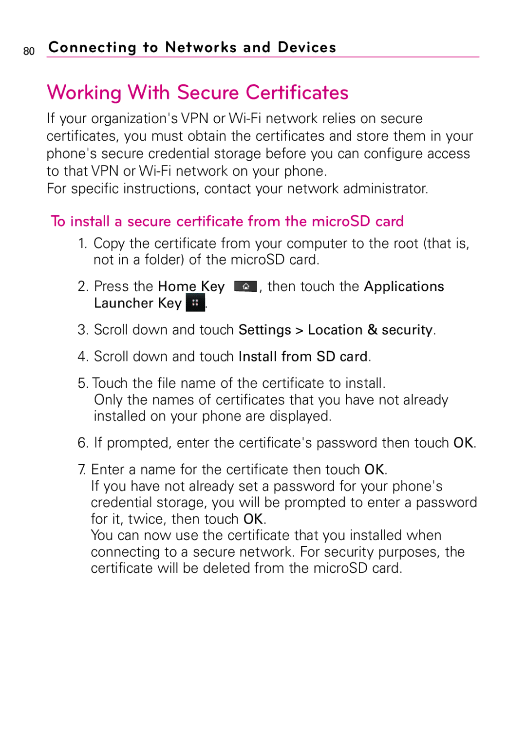 LG Electronics MFL67011201(1.0)G Working With Secure Certificates, To install a secure certificate from the microSD card 