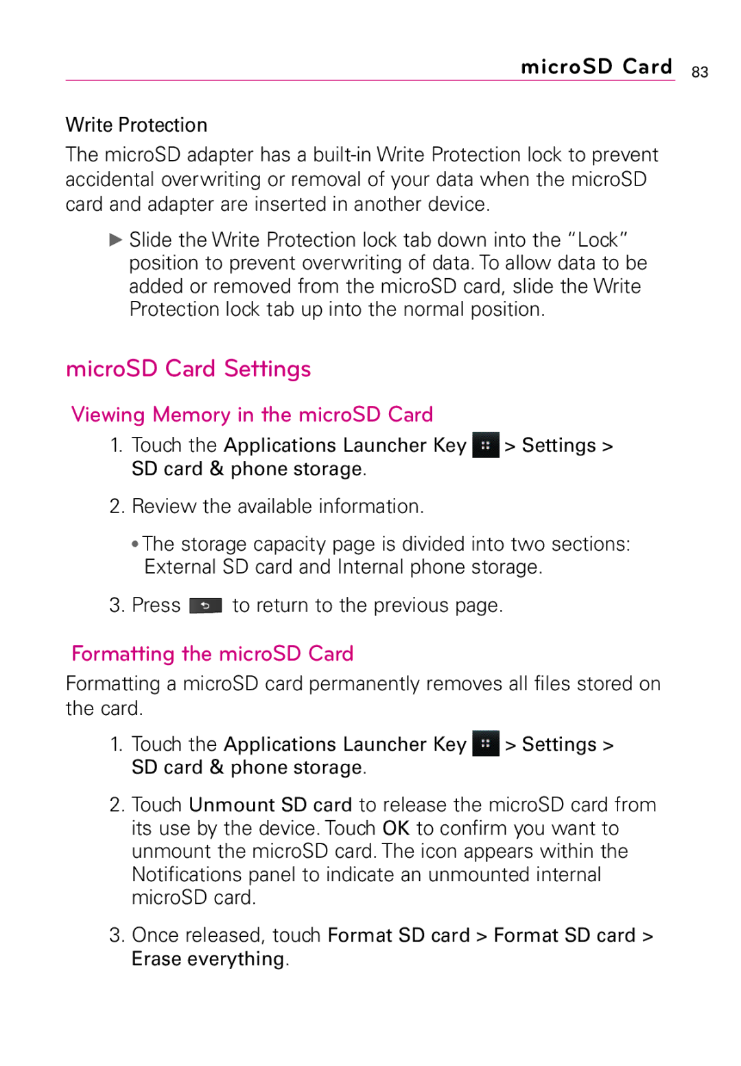 LG Electronics Vortex manual MicroSD Card Settings, Viewing Memory in the microSD Card, Formatting the microSD Card 