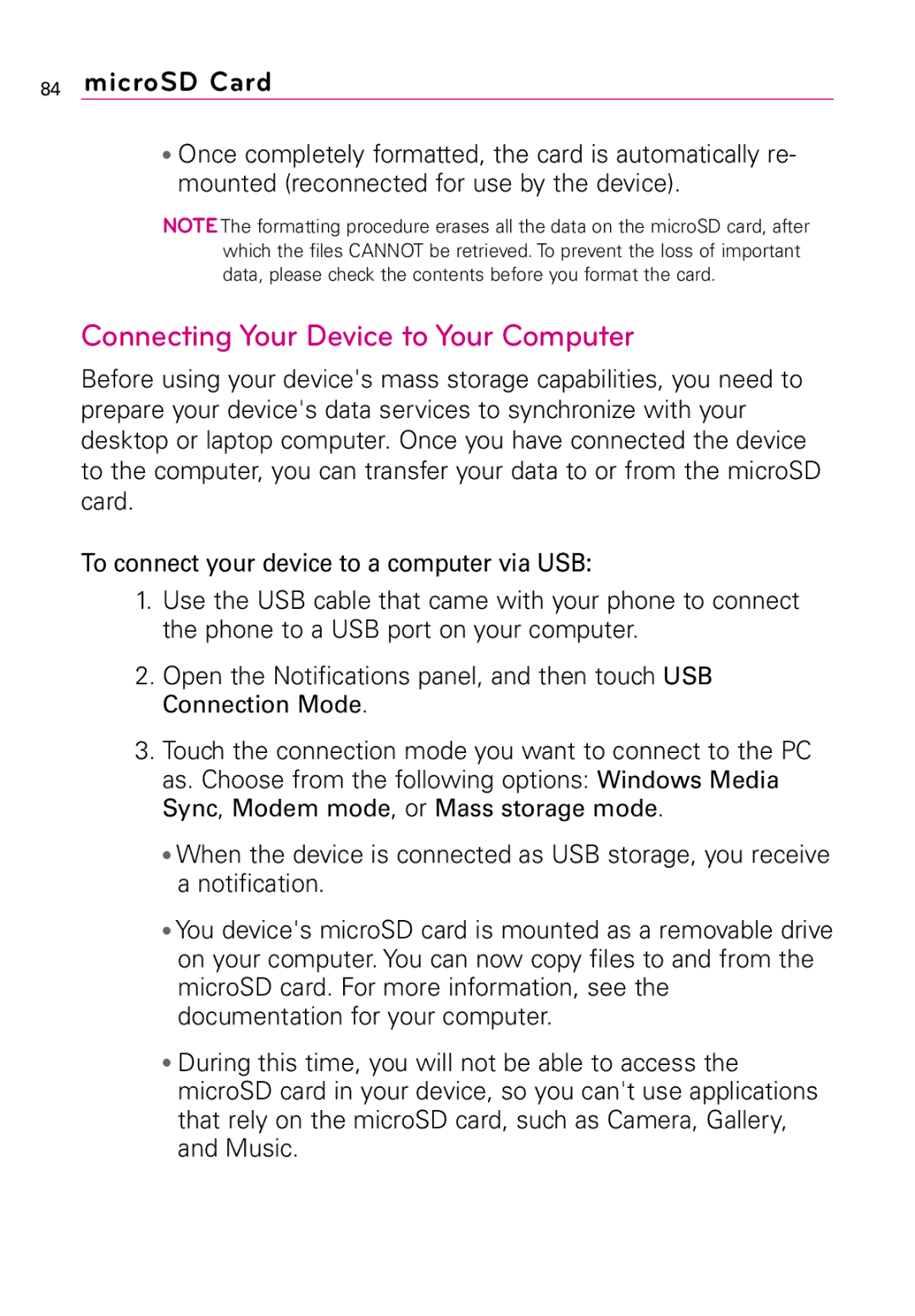 LG Electronics MFL67011201(1.0)G, Vortex manual Connecting Your Device to Your Computer 