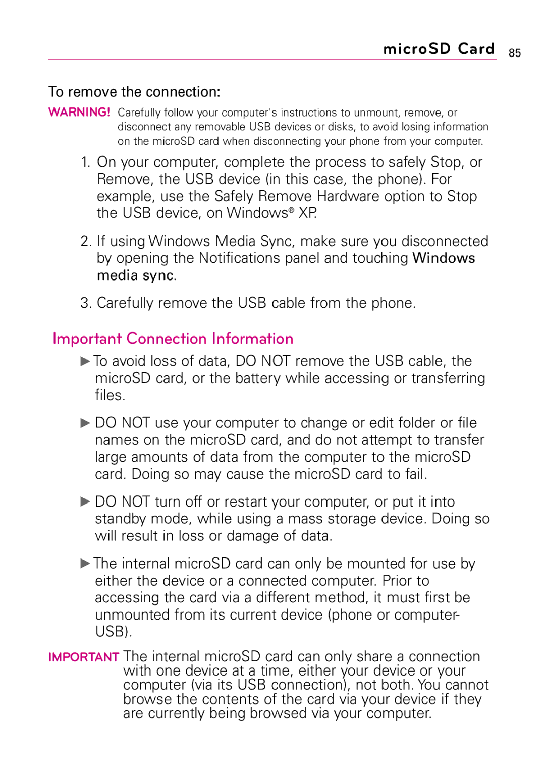 LG Electronics Vortex, MFL67011201(1.0)G Important Connection Information, Carefully remove the USB cable from the phone 