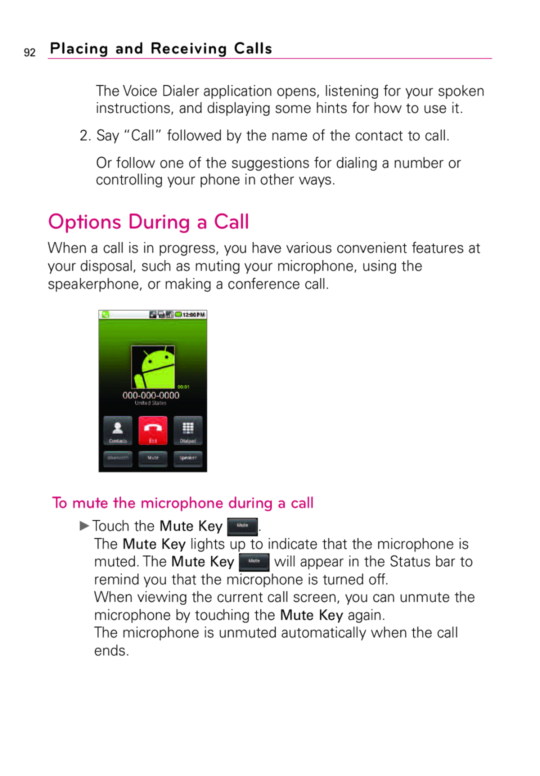 LG Electronics MFL67011201(1.0)G, Vortex manual Options During a Call, To mute the microphone during a call 