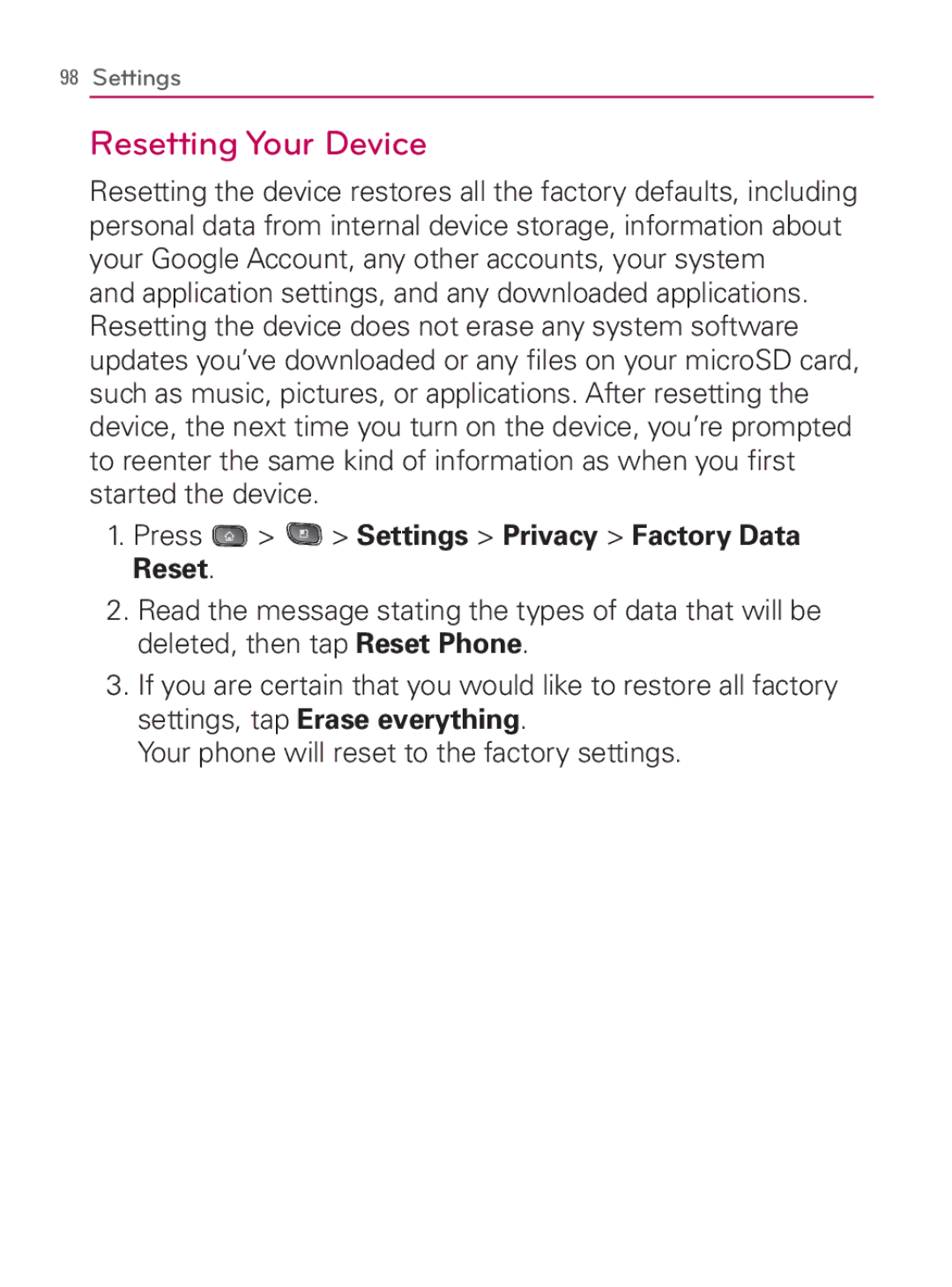 LG Electronics MFL67014001(1.2) manual Resetting Your Device, Press Settings Privacy Factory Data Reset 