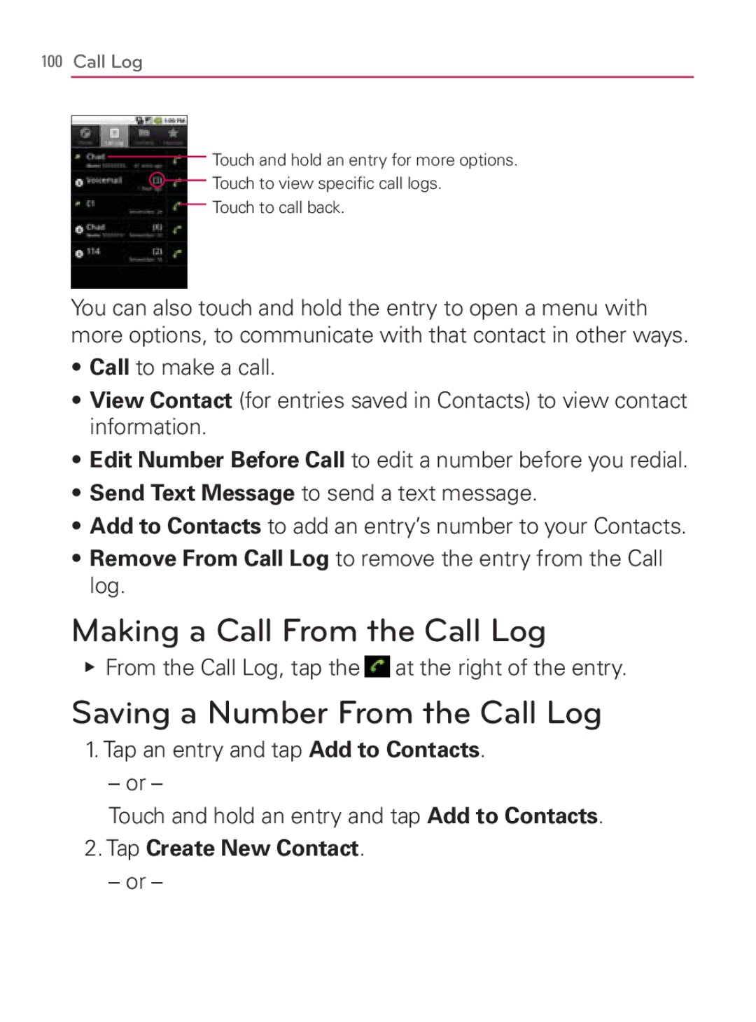 LG Electronics MFL67014001(1.2) manual Making a Call From the Call Log, Saving a Number From the Call Log 