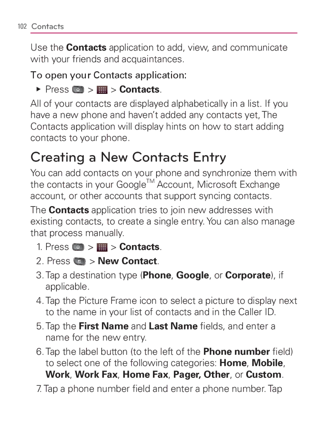 LG Electronics MFL67014001(1.2) manual Creating a New Contacts Entry, Press New Contact 