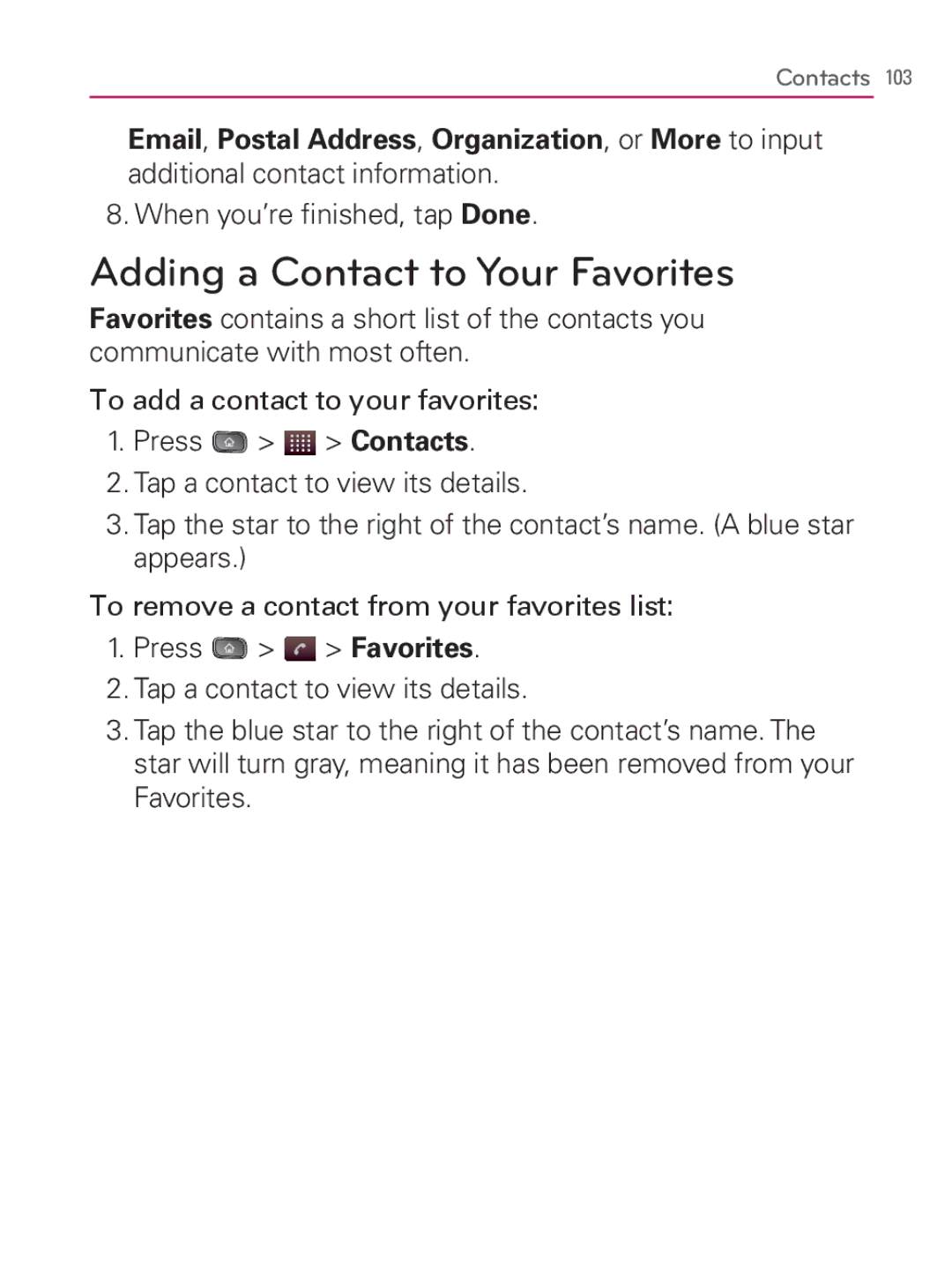 LG Electronics MFL67014001(1.2) manual Adding a Contact to Your Favorites, When you’re ﬁnished, tap Done 