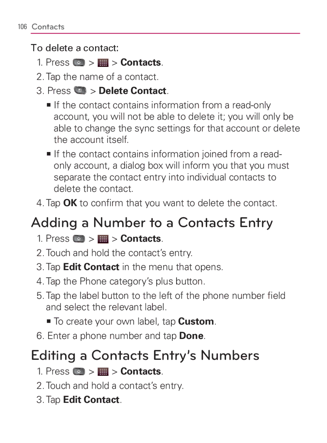 LG Electronics MFL67014001(1.2) manual Adding a Number to a Contacts Entry, Editing a Contacts Entry’s Numbers 