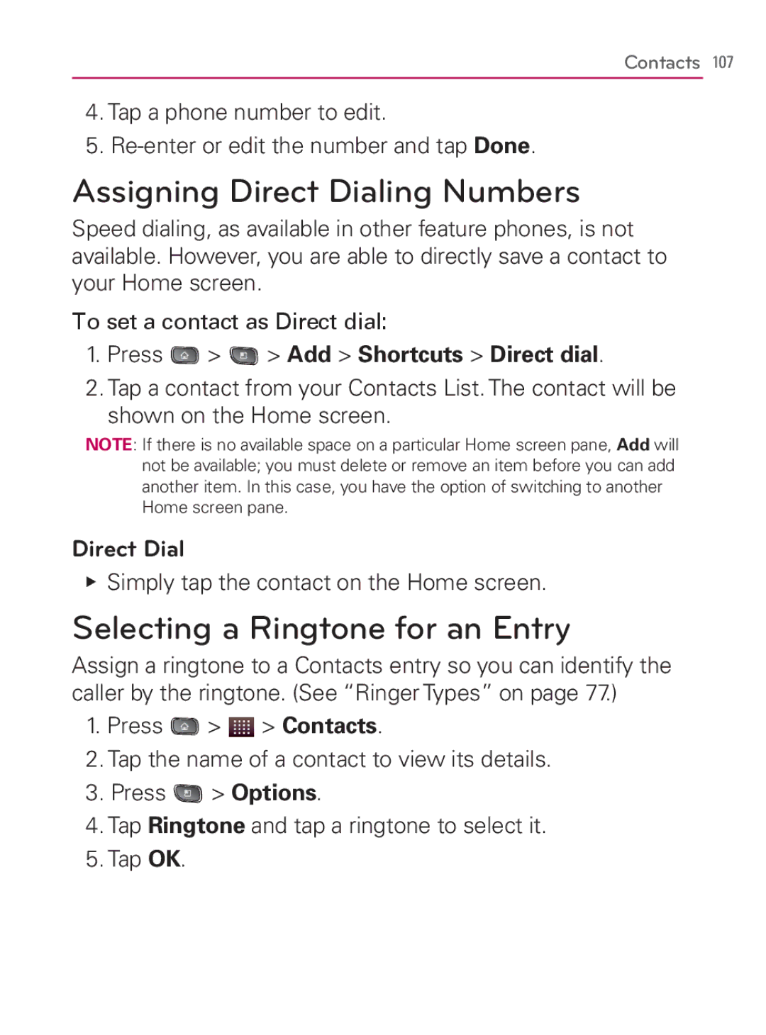 LG Electronics MFL67014001(1.2) manual Assigning Direct Dialing Numbers, Selecting a Ringtone for an Entry 