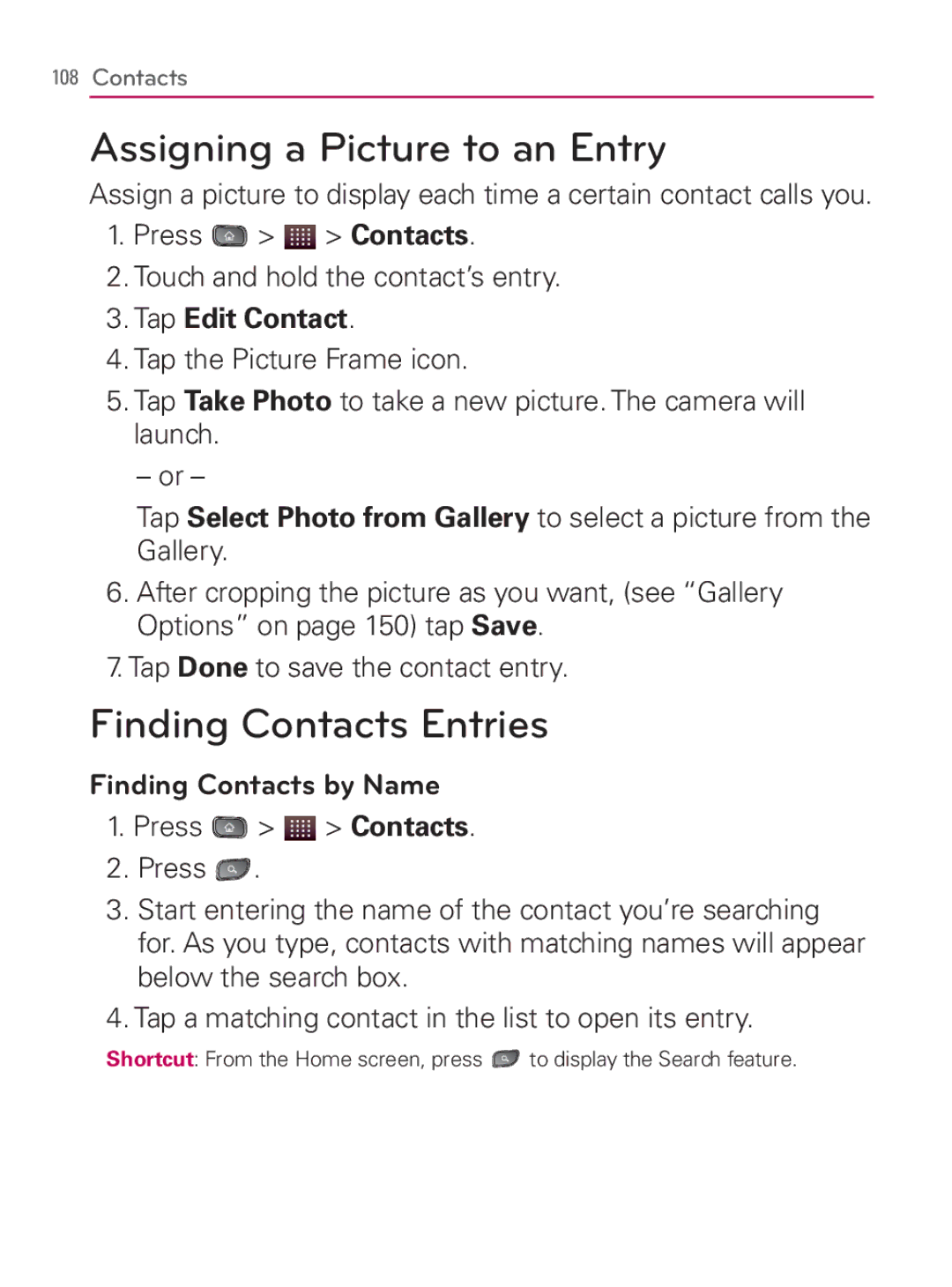 LG Electronics MFL67014001(1.2) manual Assigning a Picture to an Entry, Finding Contacts Entries, Finding Contacts by Name 