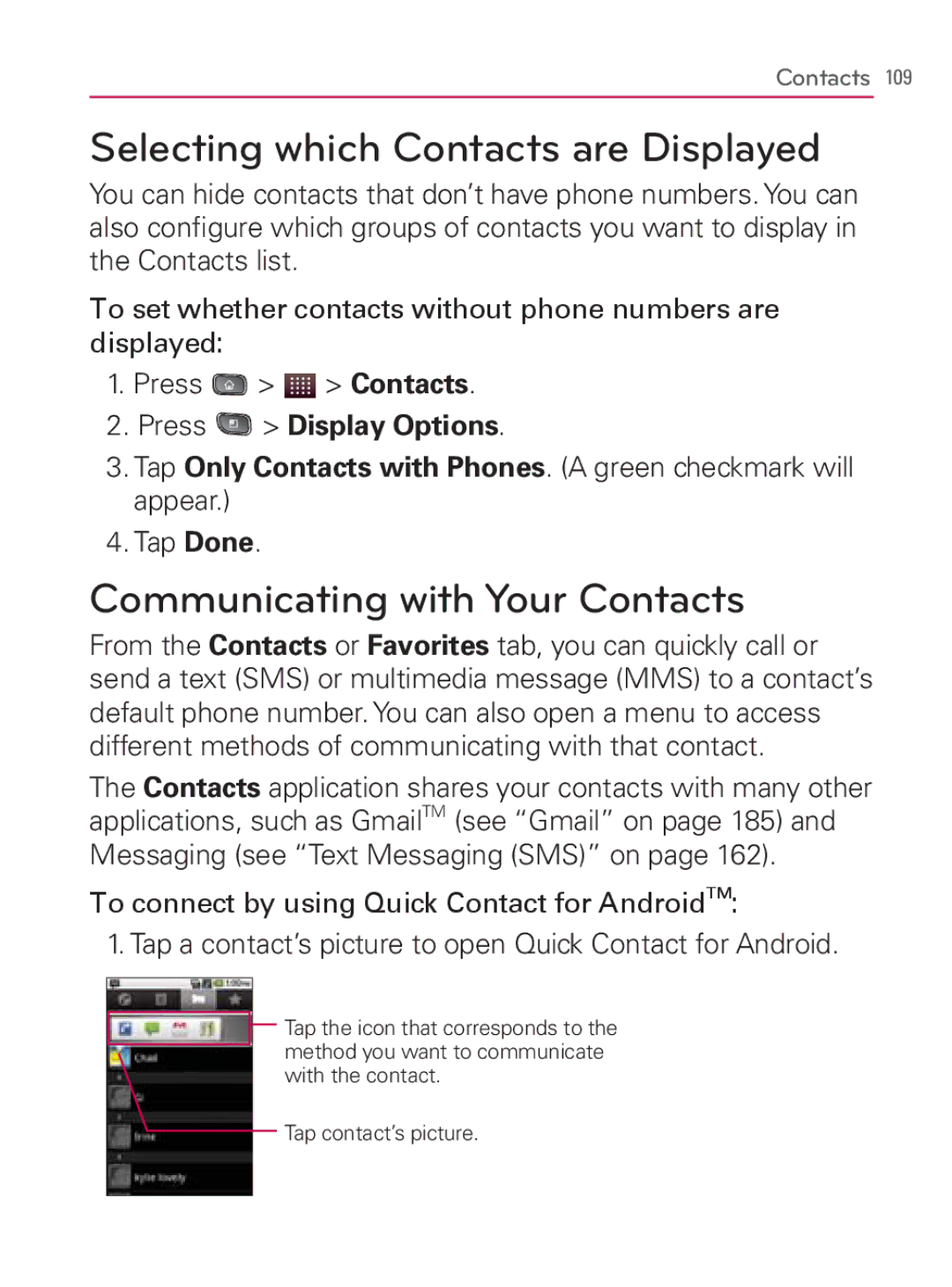 LG Electronics MFL67014001(1.2) manual Selecting which Contacts are Displayed, Communicating with Your Contacts 