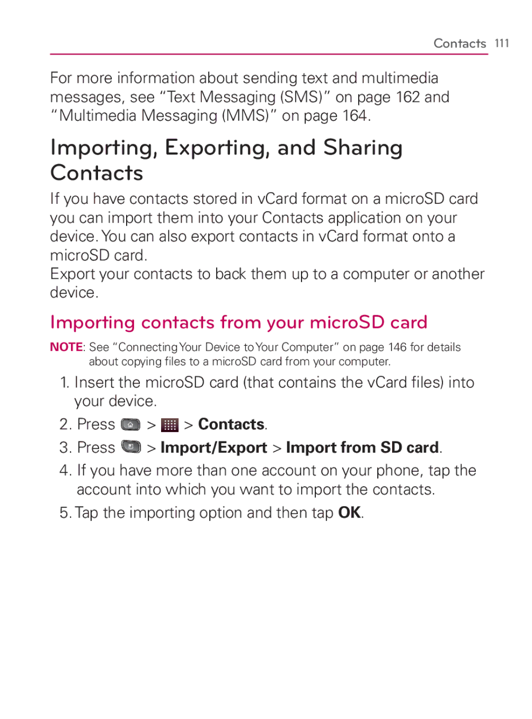 LG Electronics MFL67014001(1.2) Importing, Exporting, and Sharing Contacts, Importing contacts from your microSD card 