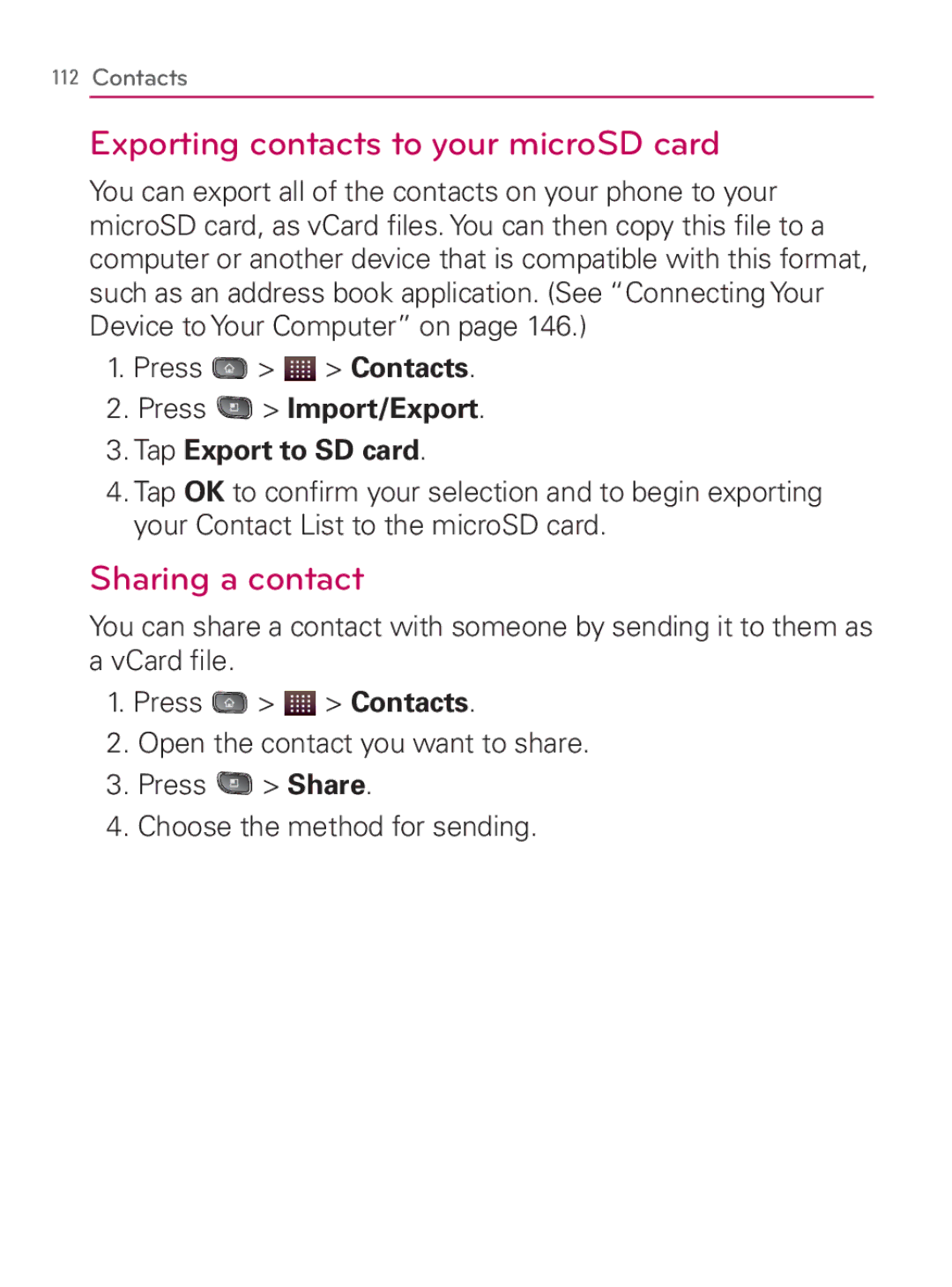 LG Electronics MFL67014001(1.2) manual Exporting contacts to your microSD card, Sharing a contact 
