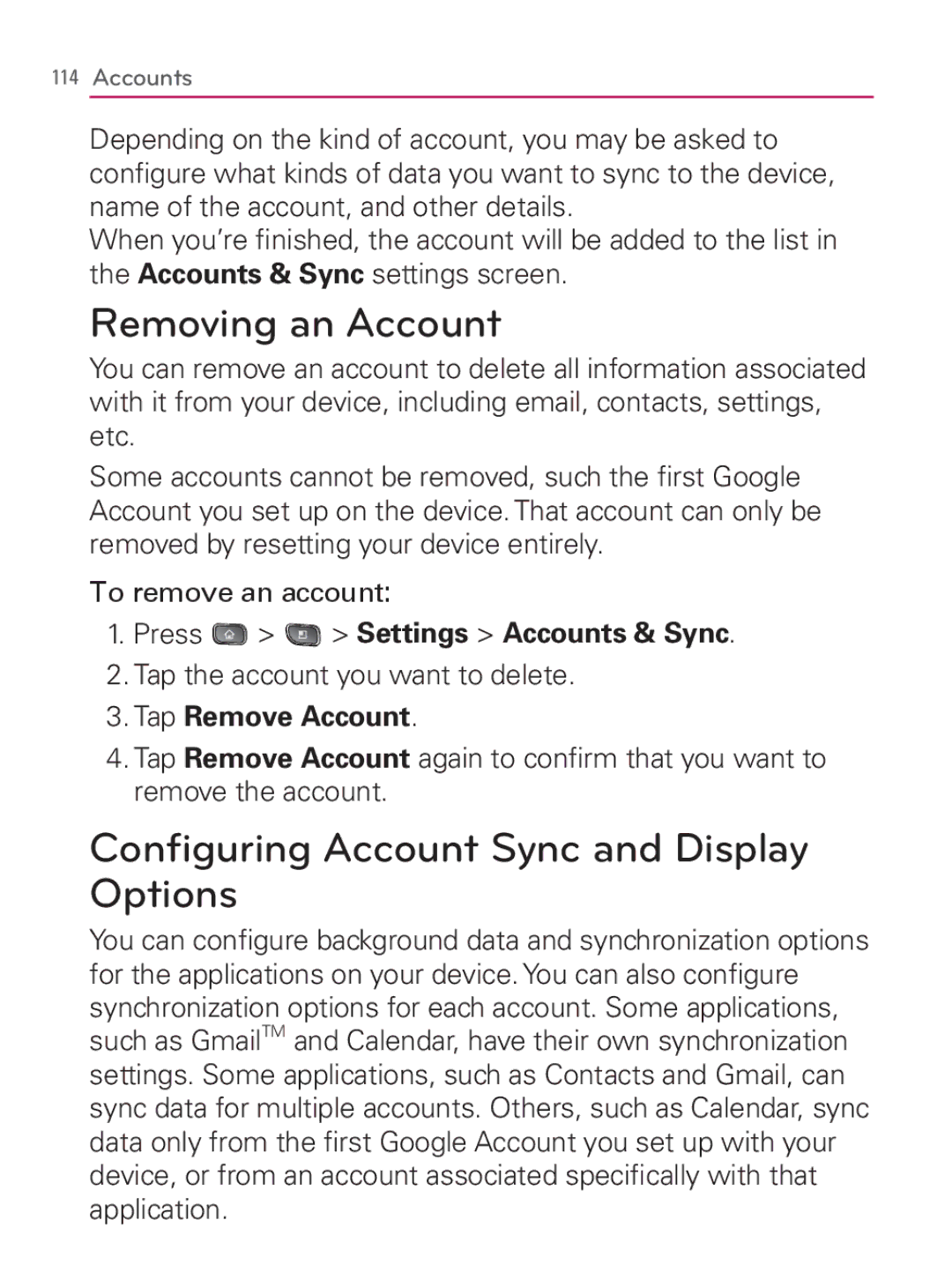 LG Electronics MFL67014001(1.2) Removing an Account, Conﬁguring Account Sync and Display Options, To remove an account 