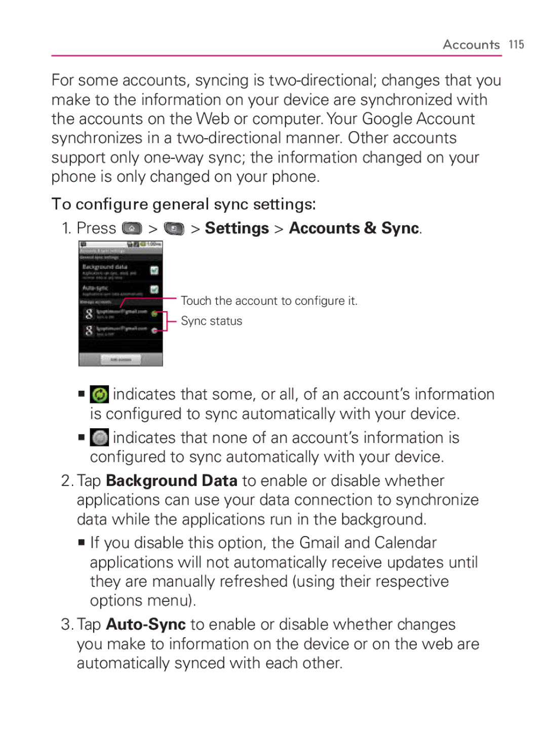 LG Electronics MFL67014001(1.2) manual To conﬁgure general sync settings 