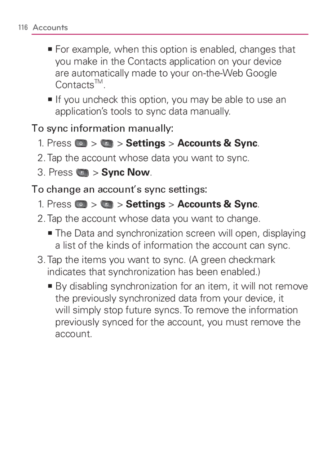 LG Electronics MFL67014001(1.2) Are automatically made to your on-the-Web Google ContactsTM, To sync information manually 