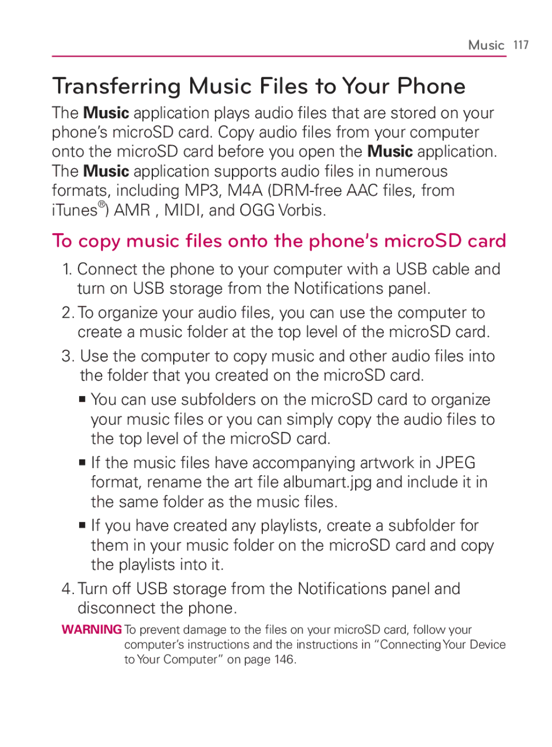 LG Electronics MFL67014001(1.2) Transferring Music Files to Your Phone, To copy music ﬁles onto the phone’s microSD card 