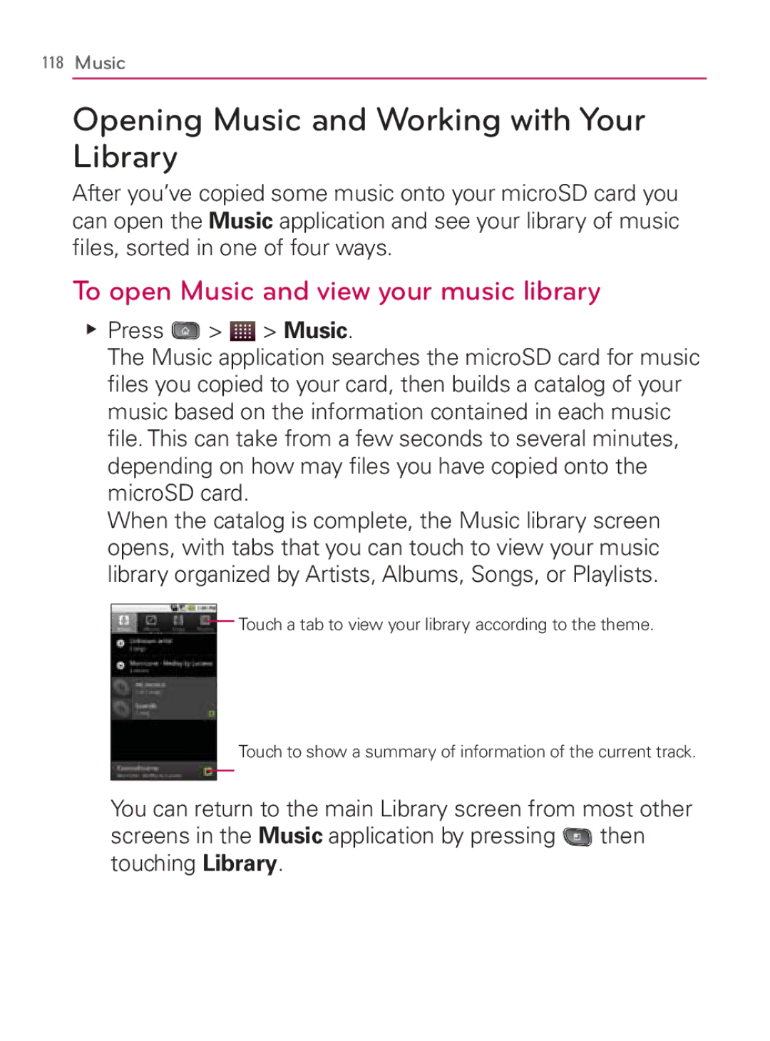 LG Electronics MFL67014001(1.2) Opening Music and Working with Your Library, To open Music and view your music library 