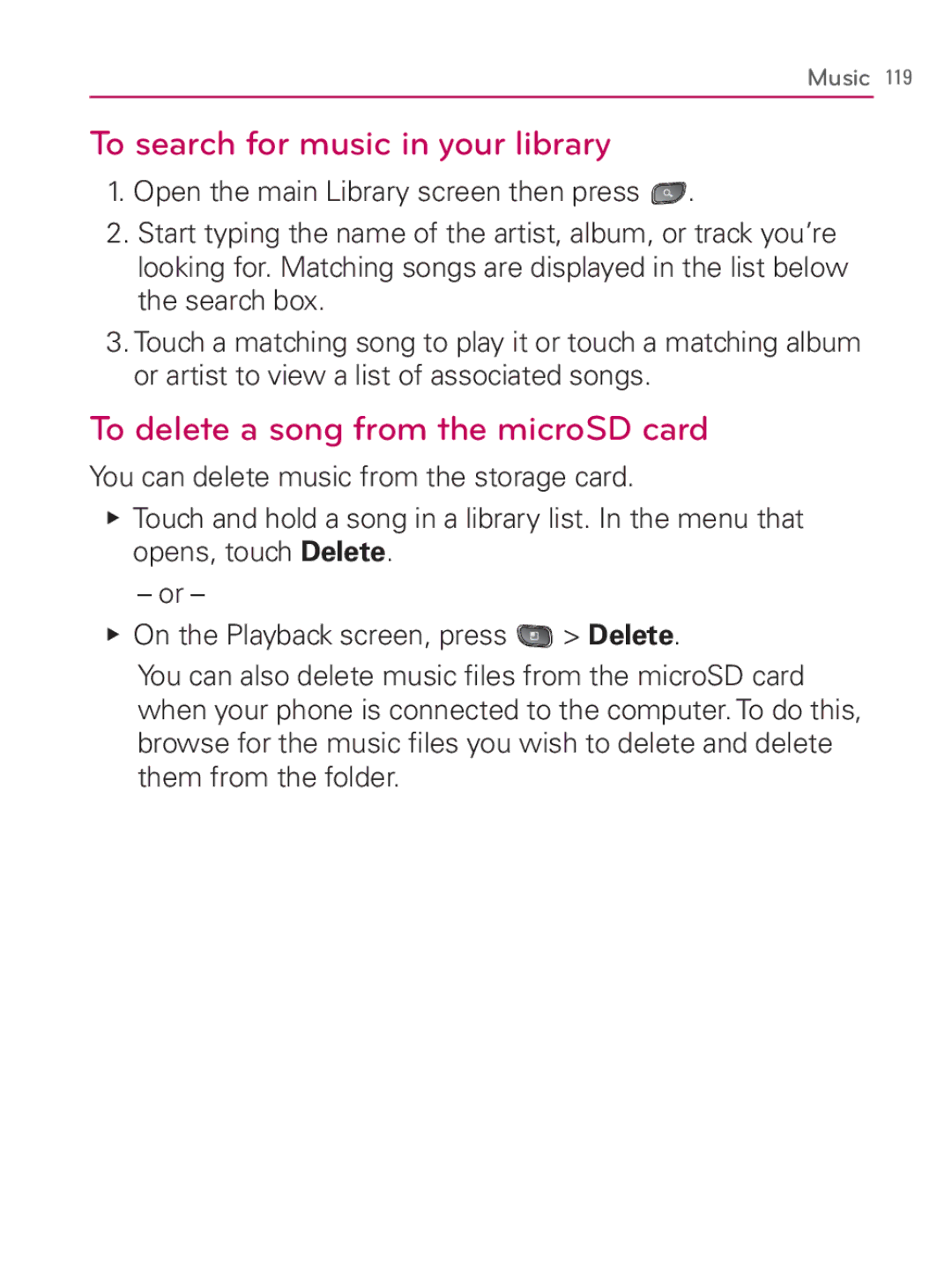 LG Electronics MFL67014001(1.2) manual To search for music in your library, To delete a song from the microSD card 