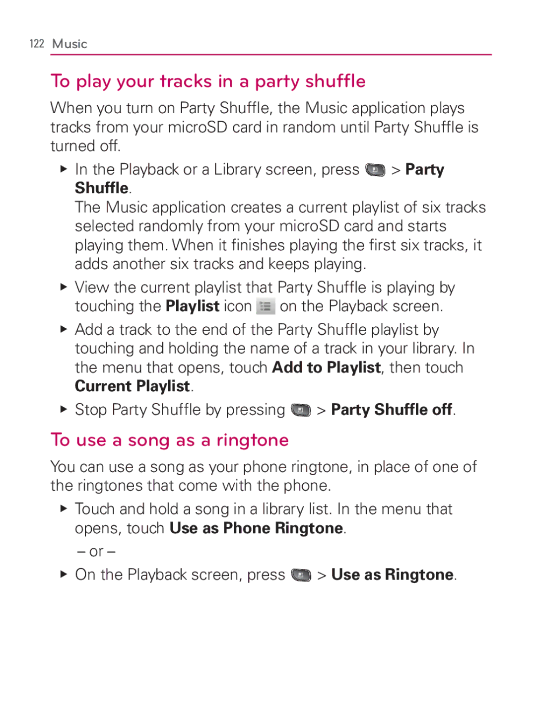 LG Electronics MFL67014001(1.2) manual To play your tracks in a party shufﬂe, To use a song as a ringtone 