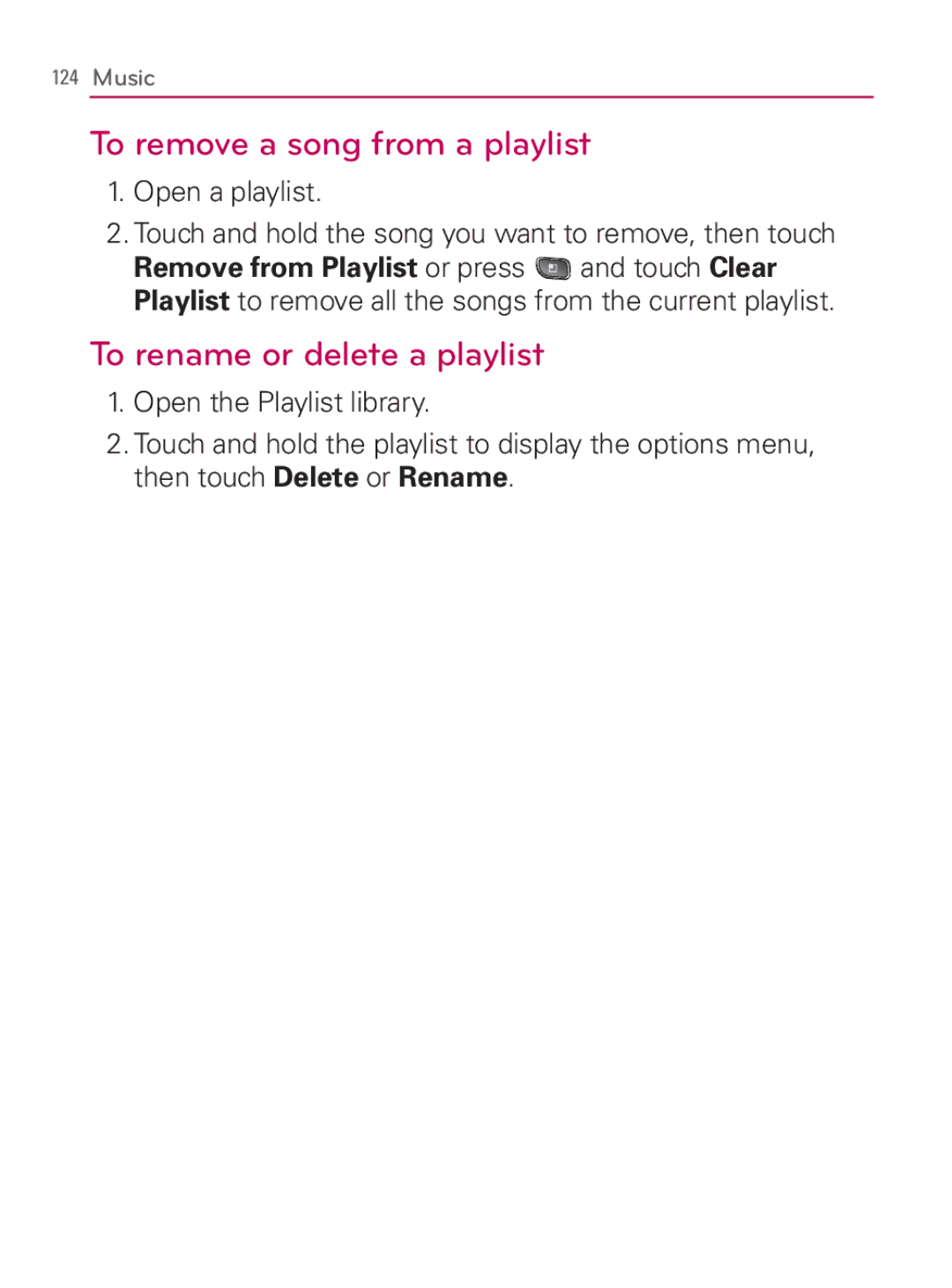 LG Electronics MFL67014001(1.2) manual To remove a song from a playlist, To rename or delete a playlist 