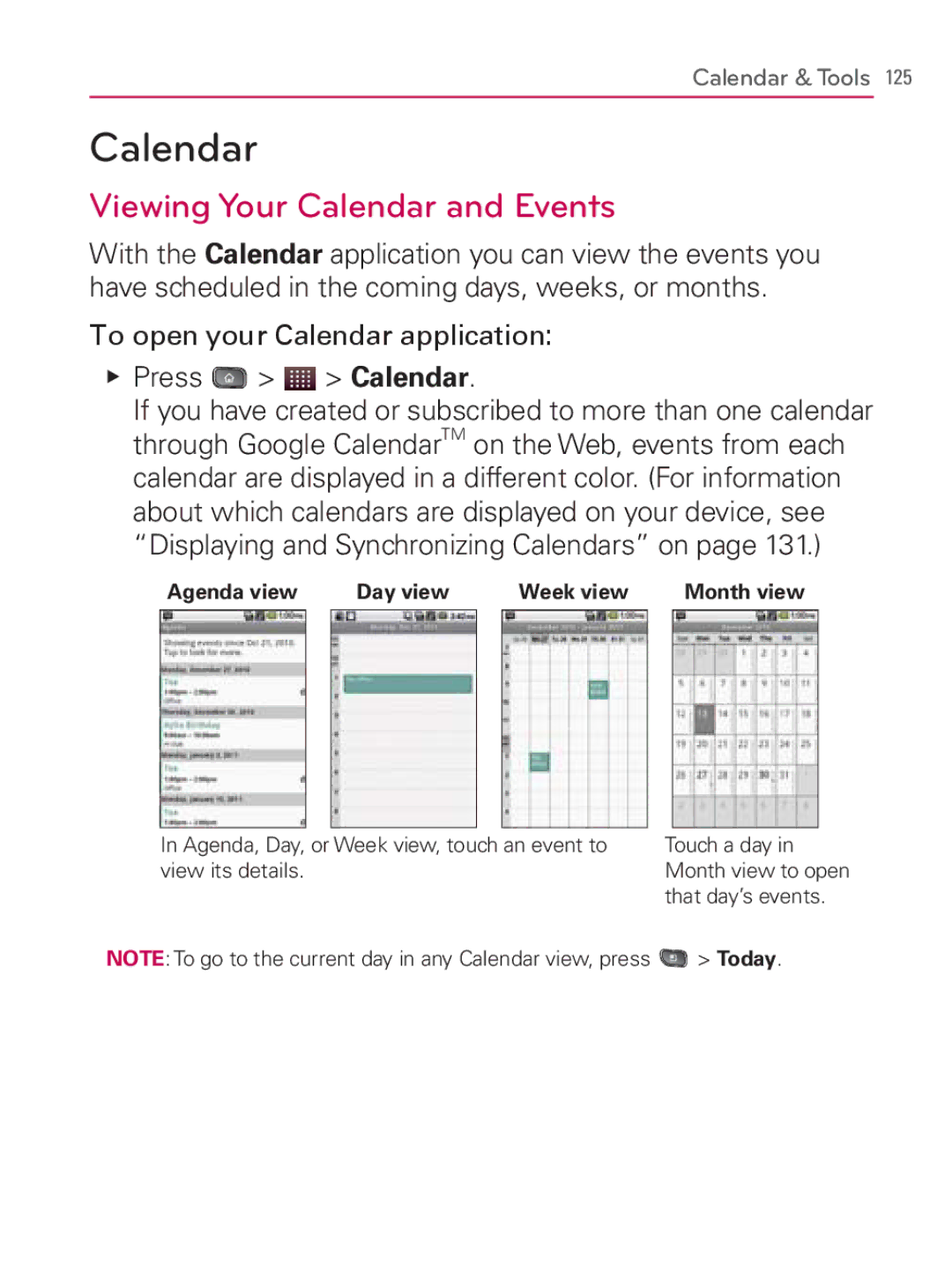 LG Electronics MFL67014001(1.2) Viewing Your Calendar and Events, To open your Calendar application Press Calendar 