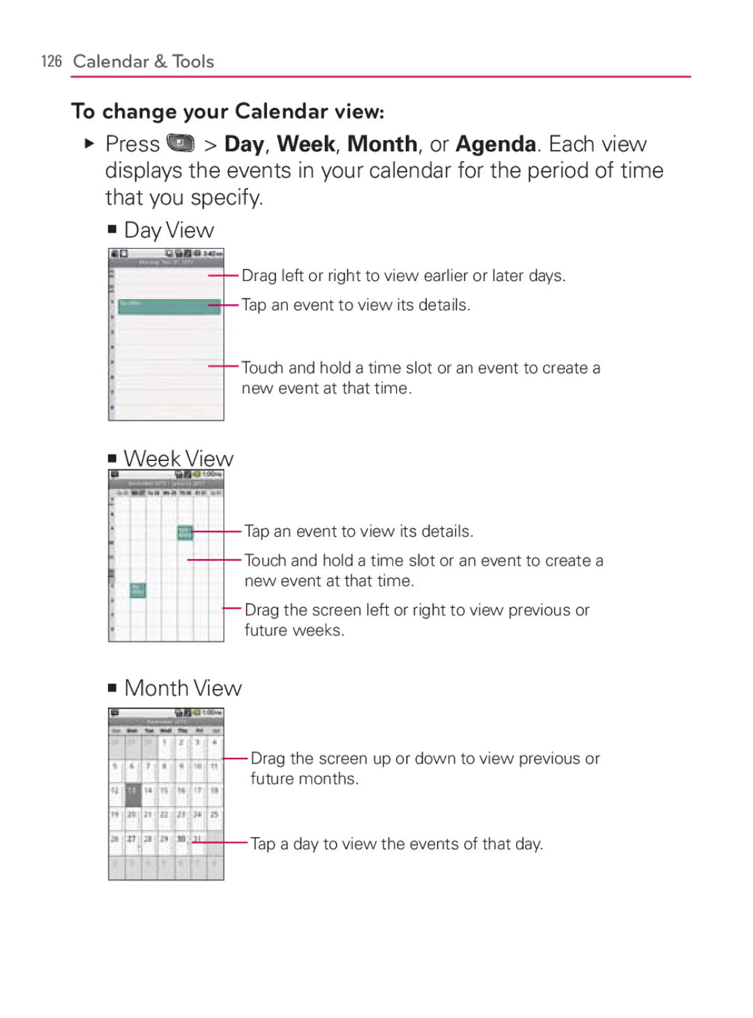 LG Electronics MFL67014001(1.2) manual To change your Calendar view, Week View, Month View 