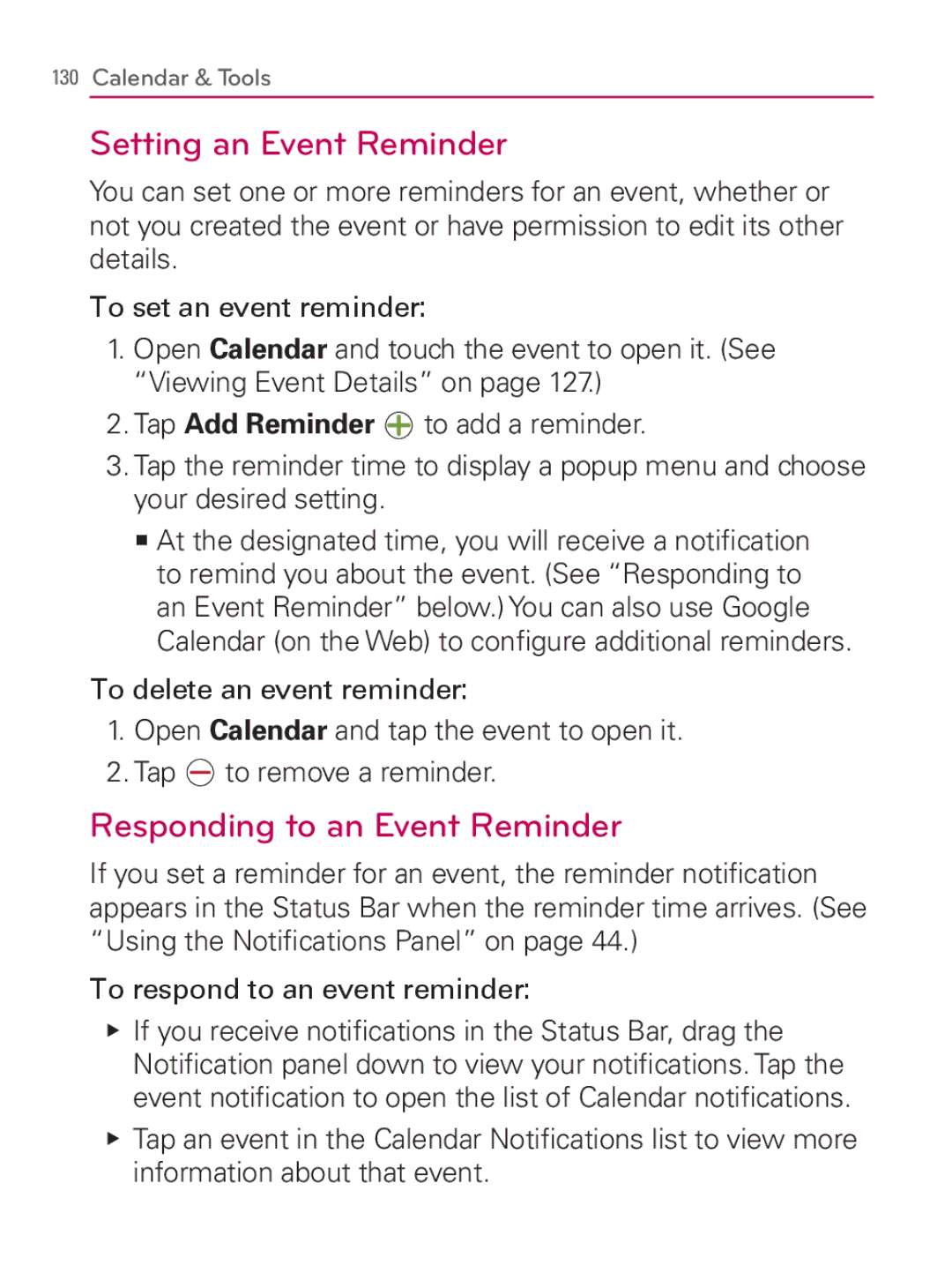 LG Electronics MFL67014001(1.2) manual Setting an Event Reminder, Responding to an Event Reminder 