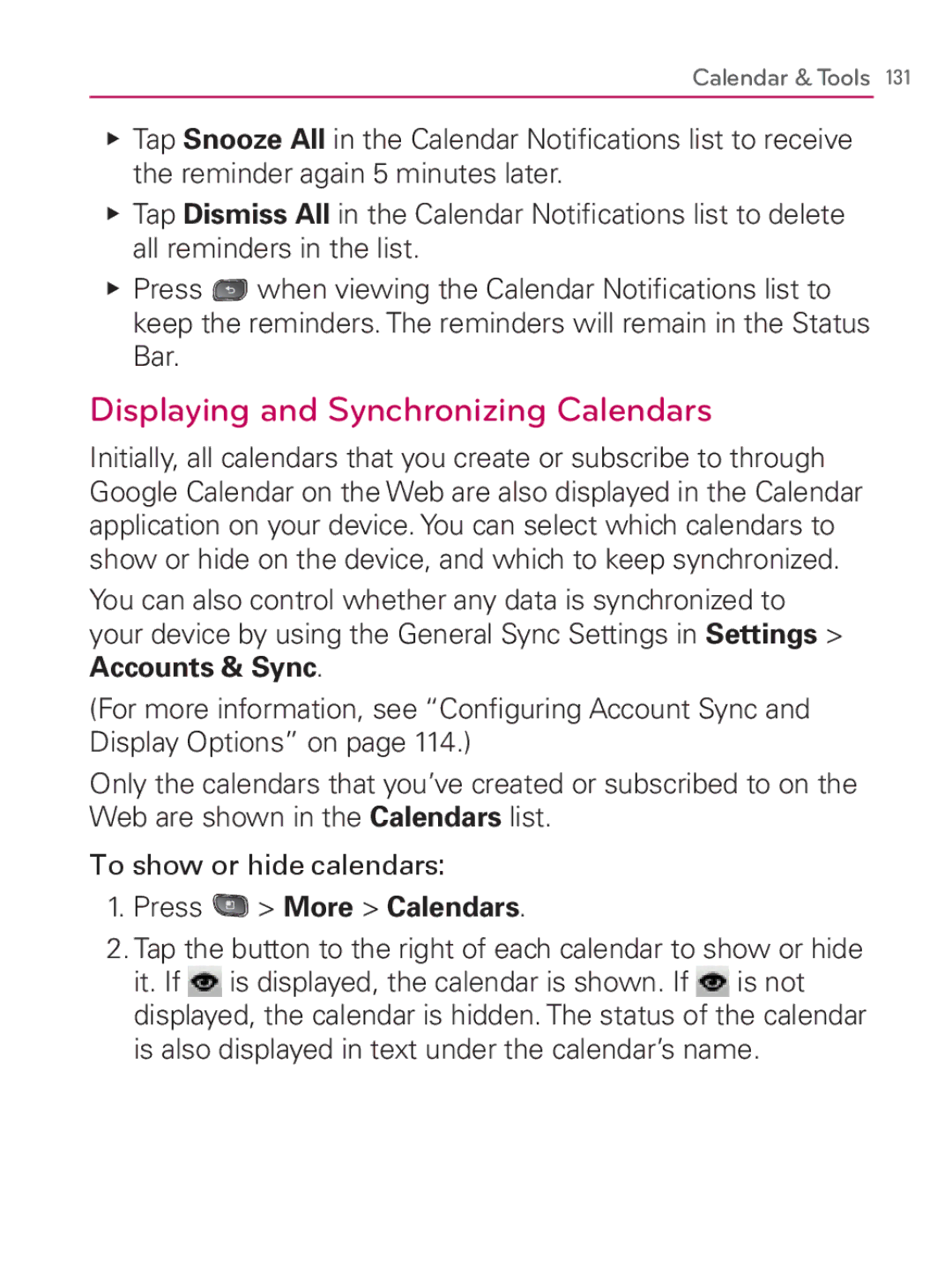 LG Electronics MFL67014001(1.2) manual Displaying and Synchronizing Calendars, Press More Calendars 