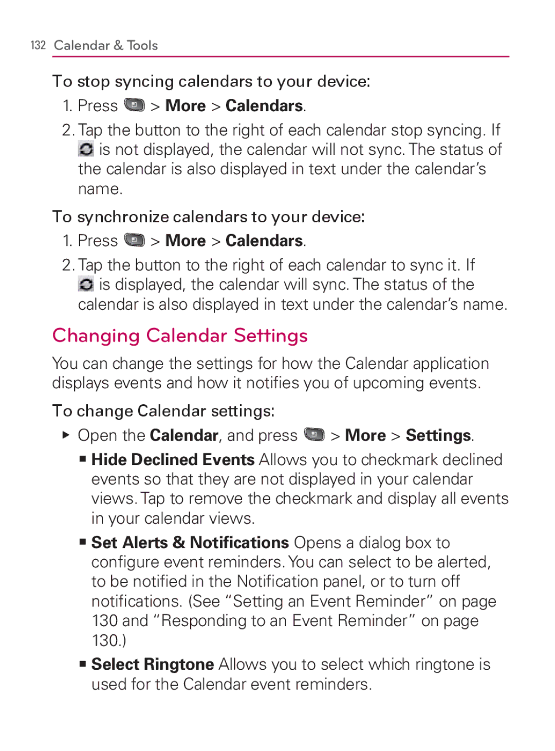 LG Electronics MFL67014001(1.2) manual Changing Calendar Settings, To stop syncing calendars to your device 